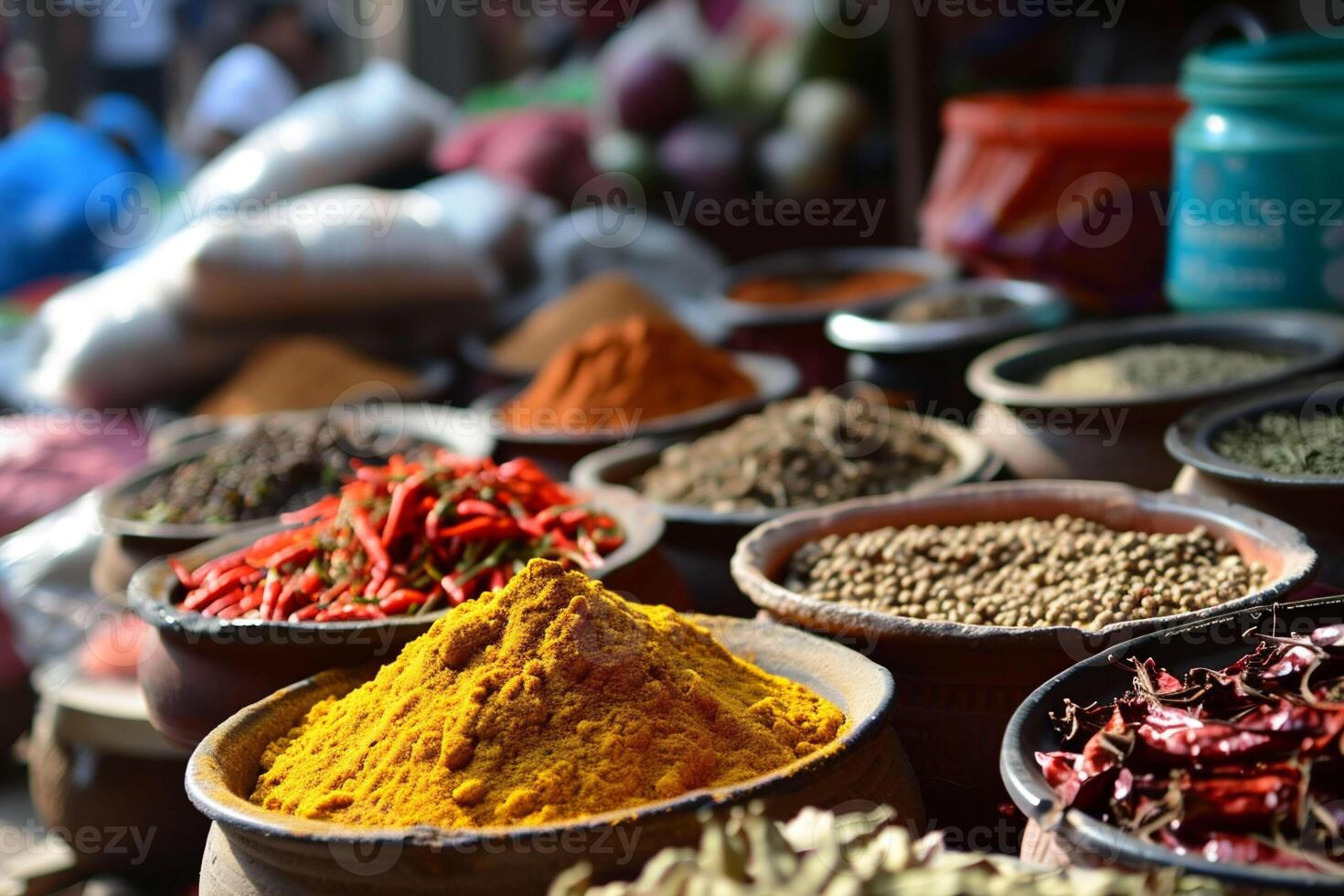 AI generated Bowls with colourful spice in market in Marrakesh in Marocco. Asian or mexican food banners, advertisement. Copy space photo