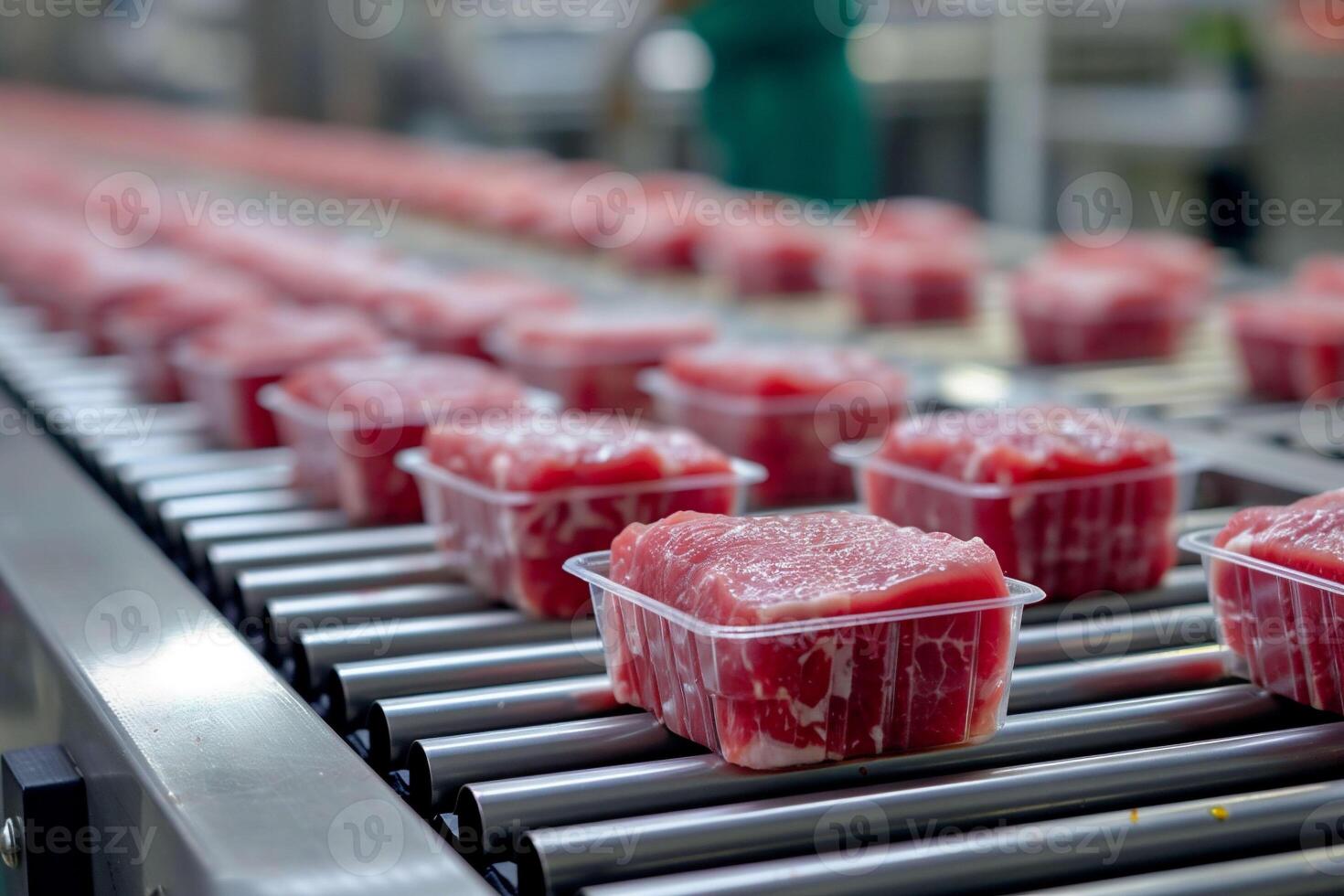 AI generated Packaged meat on a conveyor belt is in focus, depicting food industry operations. The picture captures the methodical aspect of meat packaging, modern food processing. photo