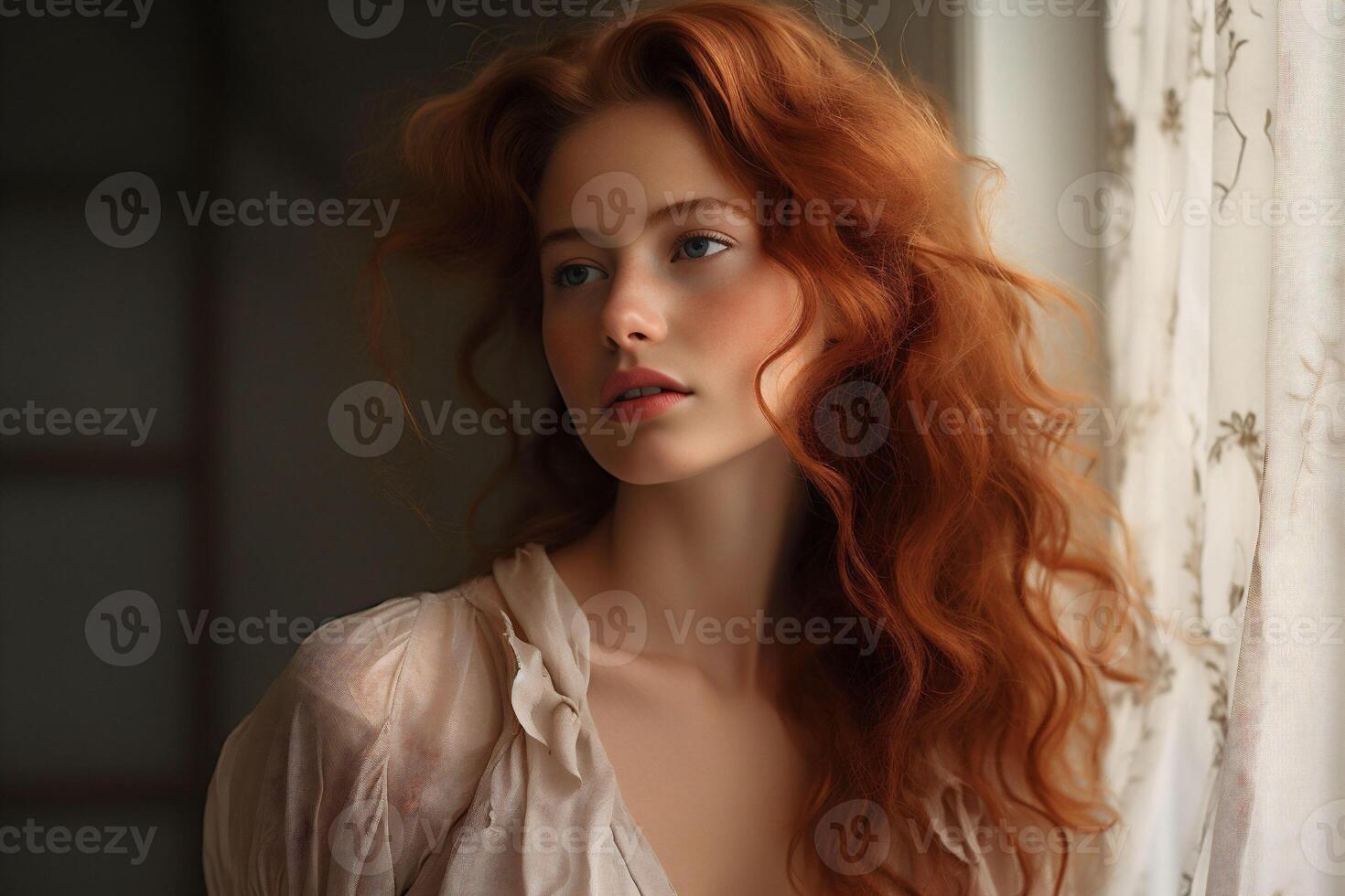 AI generated Portrait of sensual young red haired woman with long ginger curly hair at the window. photo