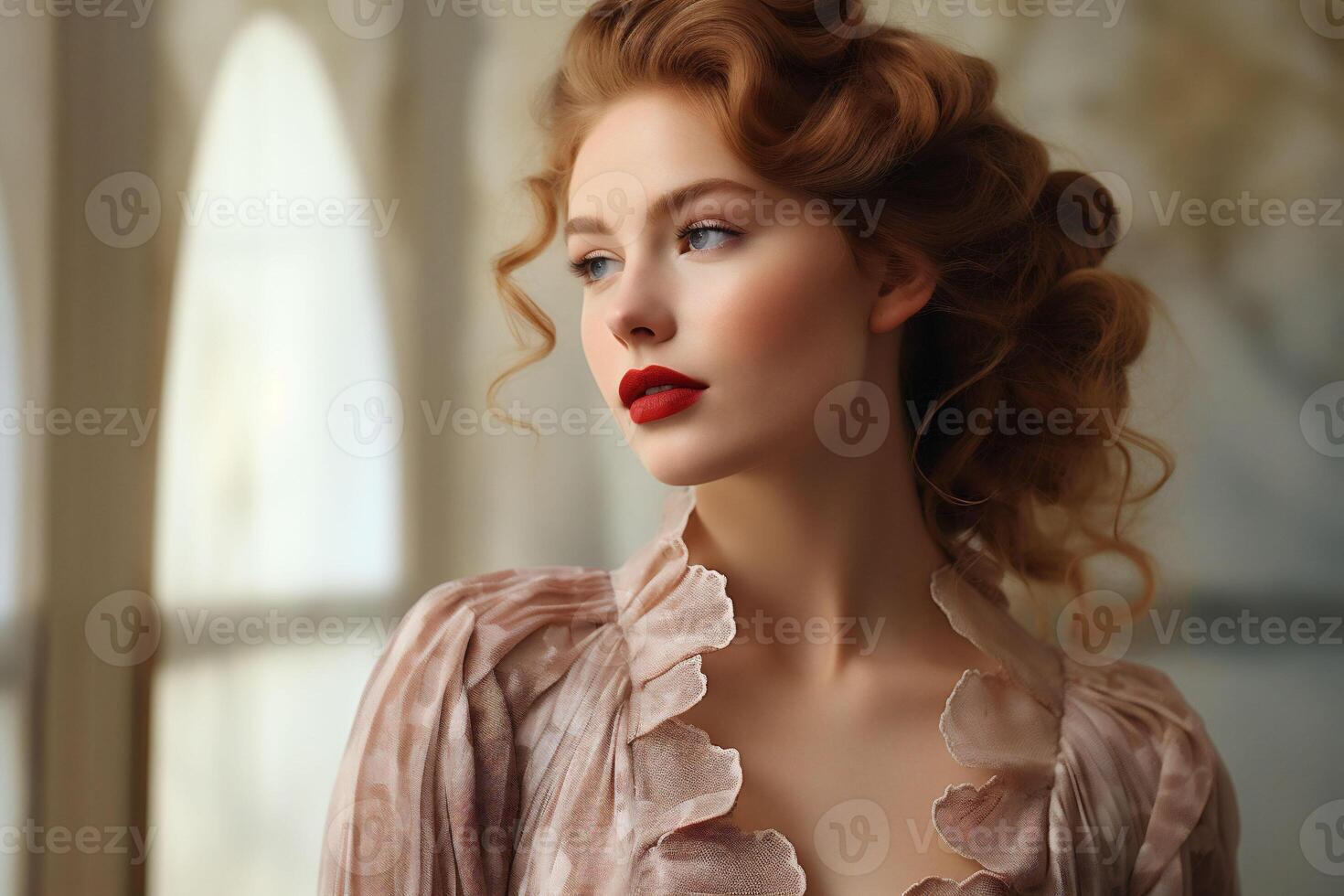 AI generated Portrait of sensual young red haired woman with long ginger curly hair at the window. photo