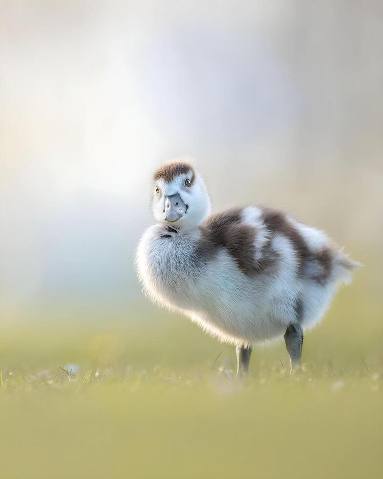 a baby duck standing on the grass in a field photo