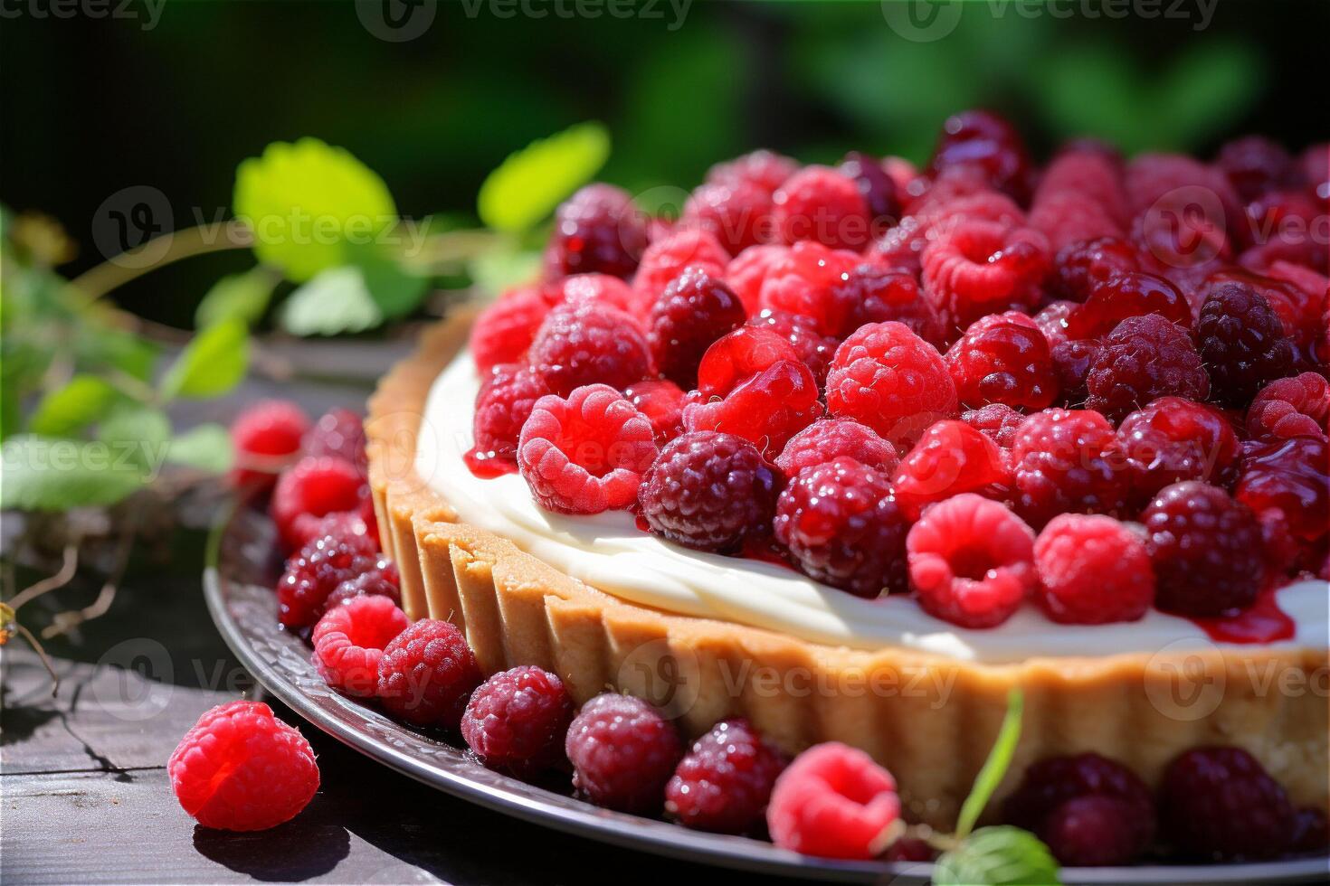 Delicious red raspberry tart close up with cream on a gray surface with greens on the side. Copy space. photo