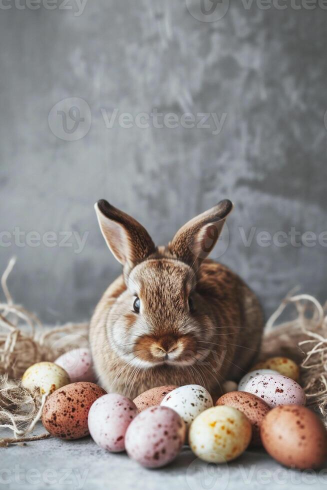 AI generated A brown rabbit guards a nest of multi-colored speckled eggs against a soft grey background, nestled in straw. perfect for Easter holiday themes and home decor. photo
