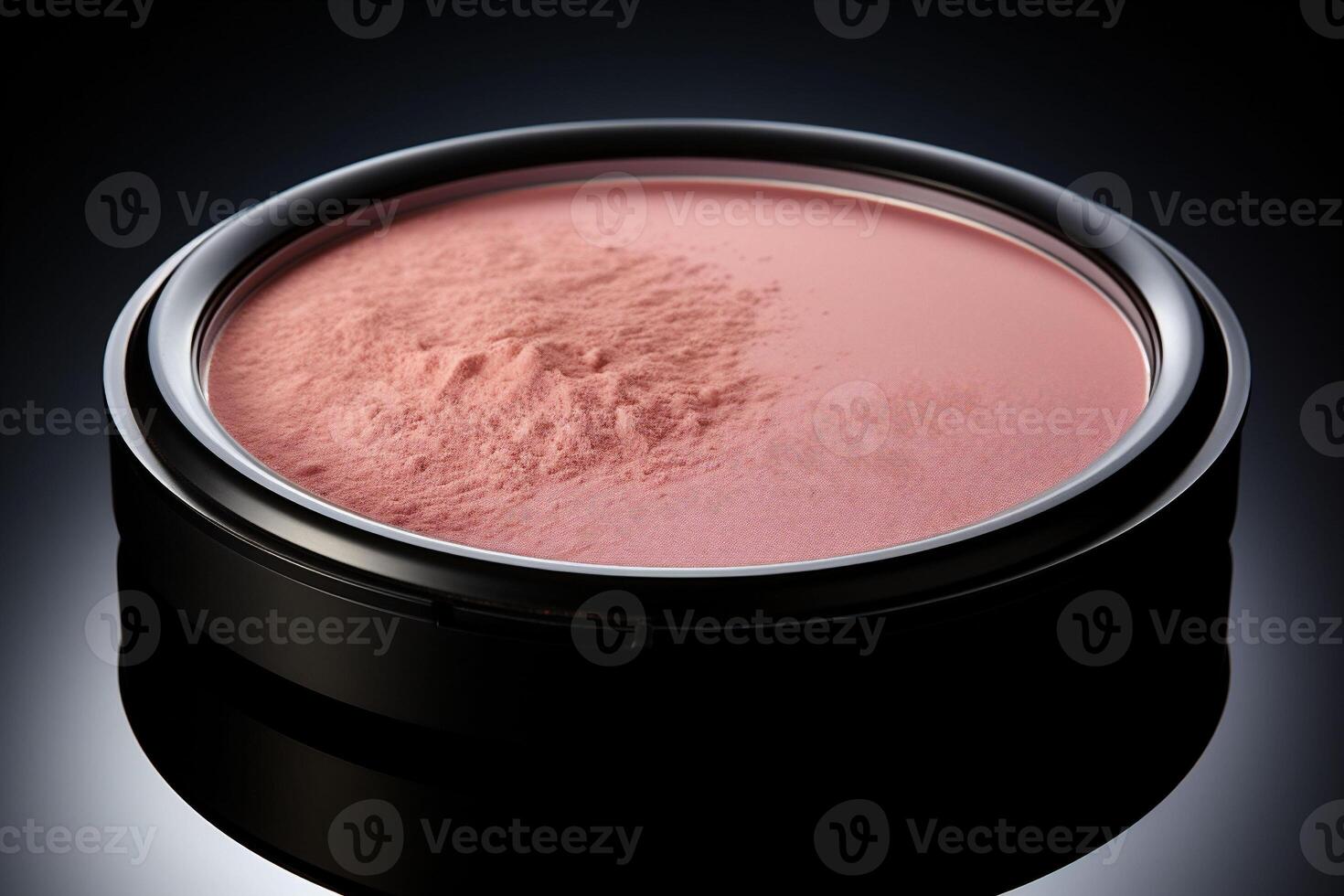 AI generated Blusher powder in a black plastic container on a black background. Decorative cosmetics advertisement or banner. Copy space photo