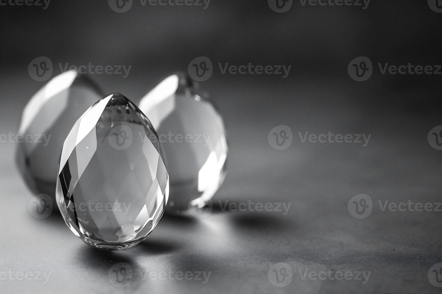 AI generated Three cut crystal, glass or diamond Easter eggs are displayed on a gradient black background, creating a luxurious and refined atmosphere, suitable for high end decor representation photo
