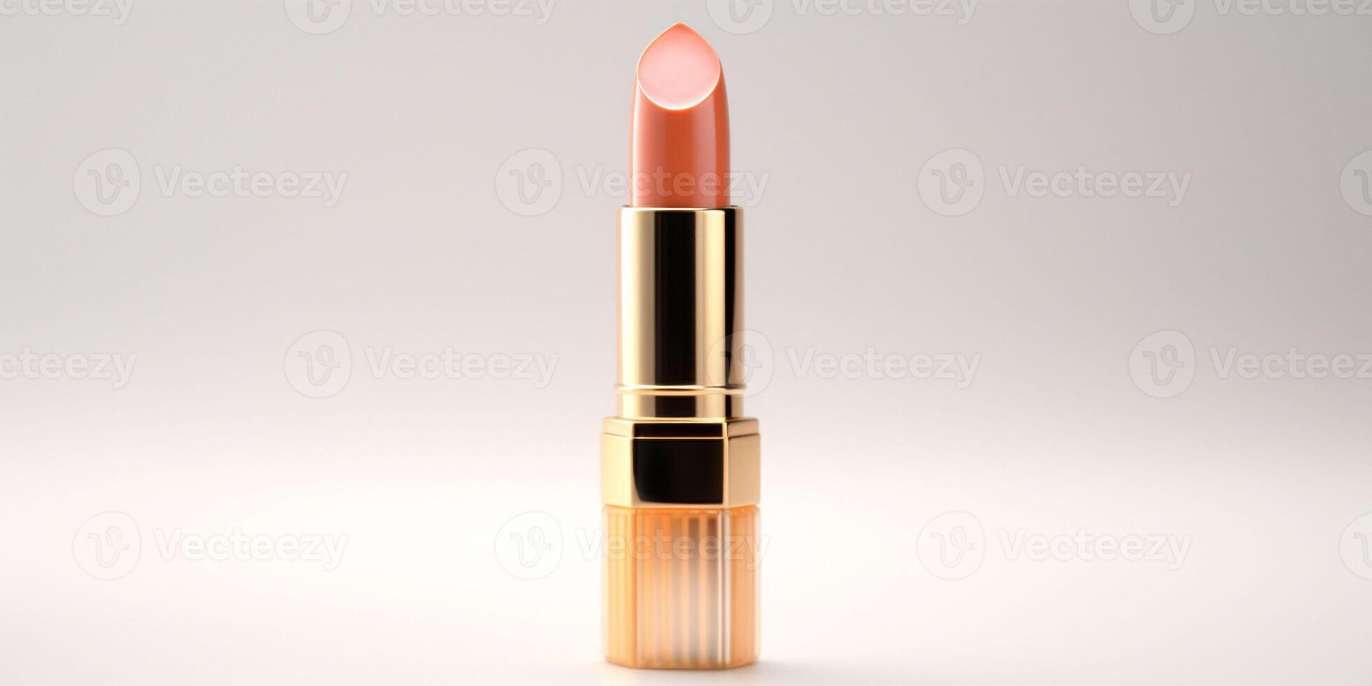 AI generated An peach fuzz color lipstick in a golden case on a white background. Make up a product photo shoot. Copy space.