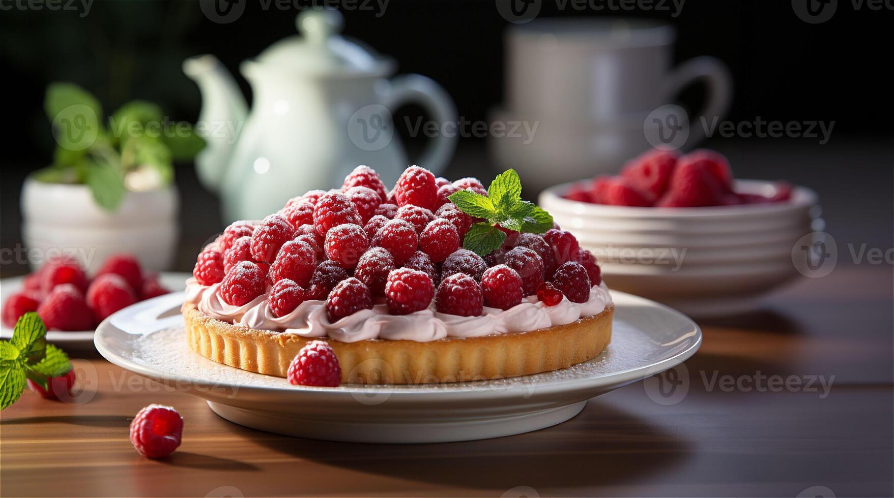 AI generated A banner with delicious red raspberry tart close up with cream and powdered sugar and green leaves on a white plate and dishes on a wood background . Copy space. photo