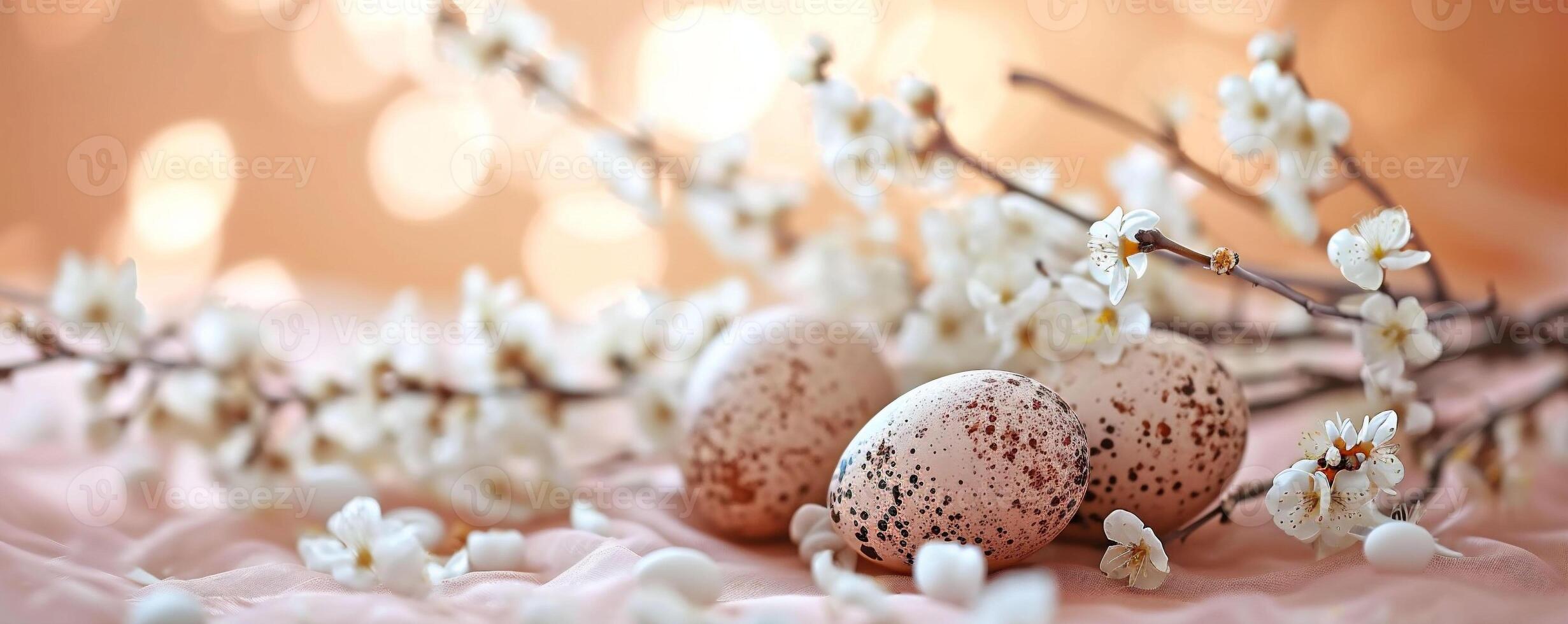 ai generado Pascua de Resurrección huevos con un natural moteado modelo son suavemente acunado entre blanco primavera flores, delicado y romántico escena, sofisticado primavera márketing y decoración temas foto