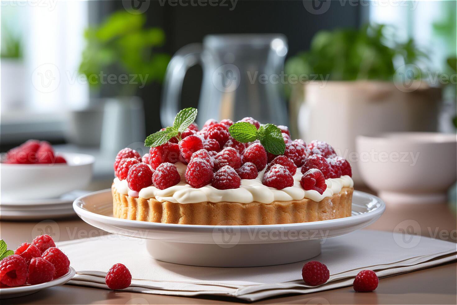 AI generated Delicious red raspberry tart close up with cream and powdered sugar in a white plate with blurred dishes on the background. Copy space. photo