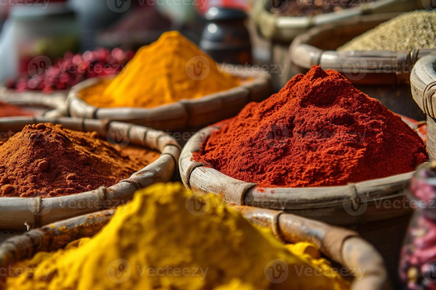 AI generated Authentic Bowls with colourful spices, herbs, grains and nuts in market in India. Asian or mexican food banners, advertisement. Copy space photo