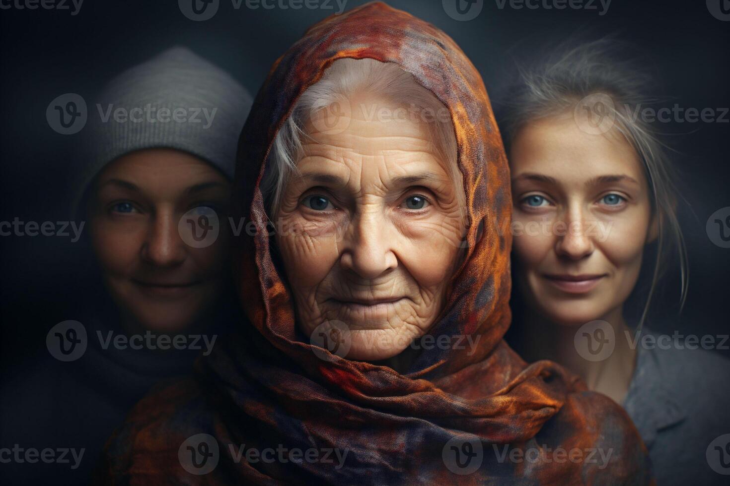 AI generated Portraits of a grandmother with gray hair in a scarf and two granddaughters on a gray background. The concept of generational diversity, beautiful aging and female independence. photo