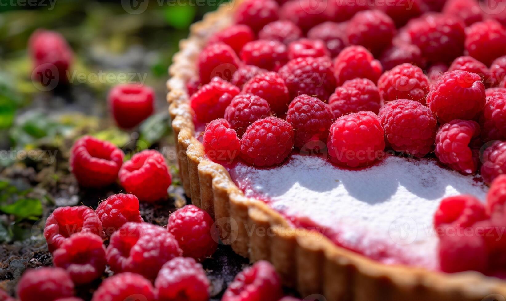 Delicious raspberry tart with cream, powdered sugar on green forest background photo