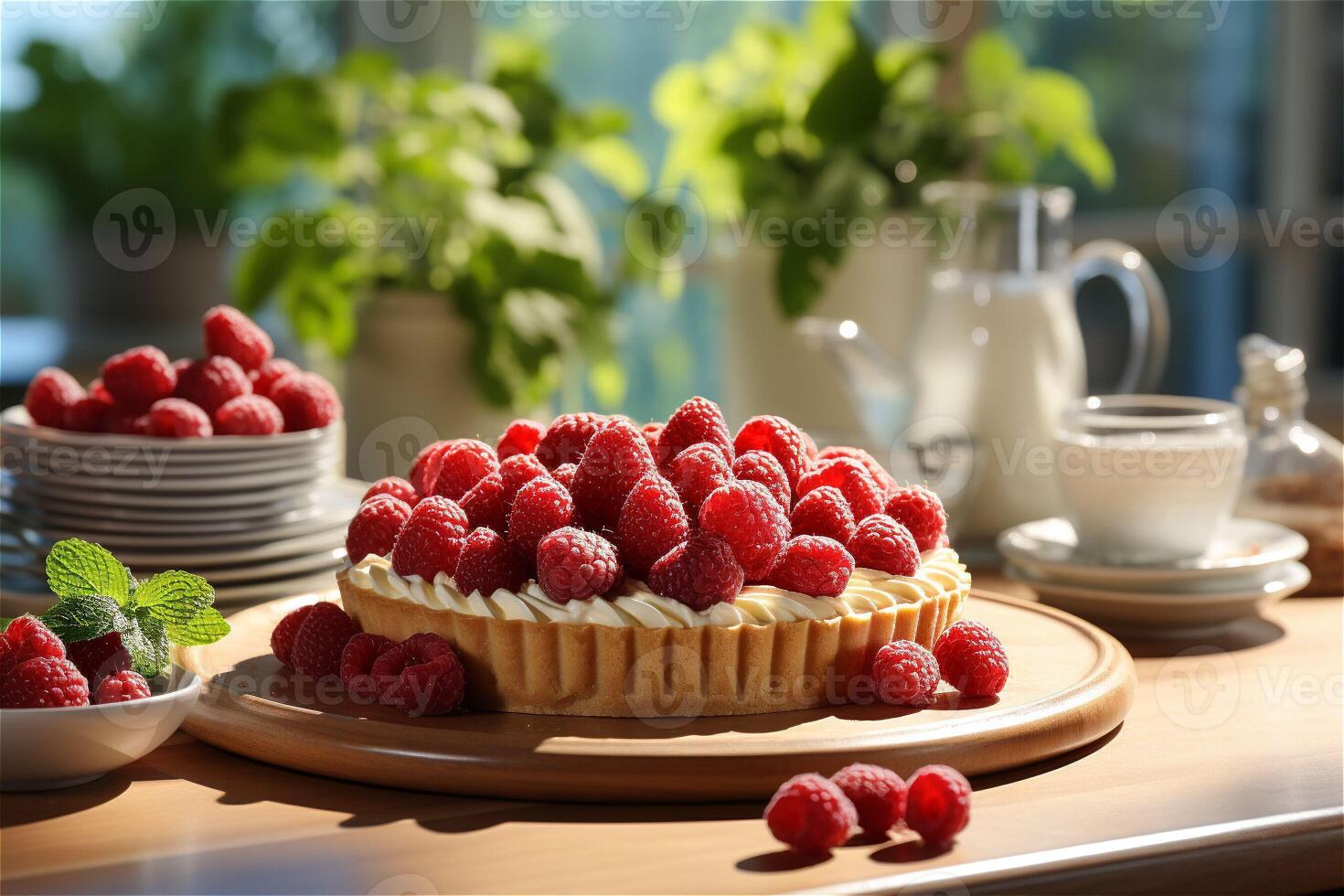 AI generated Delicious red raspberry tart close up with cream on a cutting board on a table with greens in white vases and dishes n the background. Copy space. photo