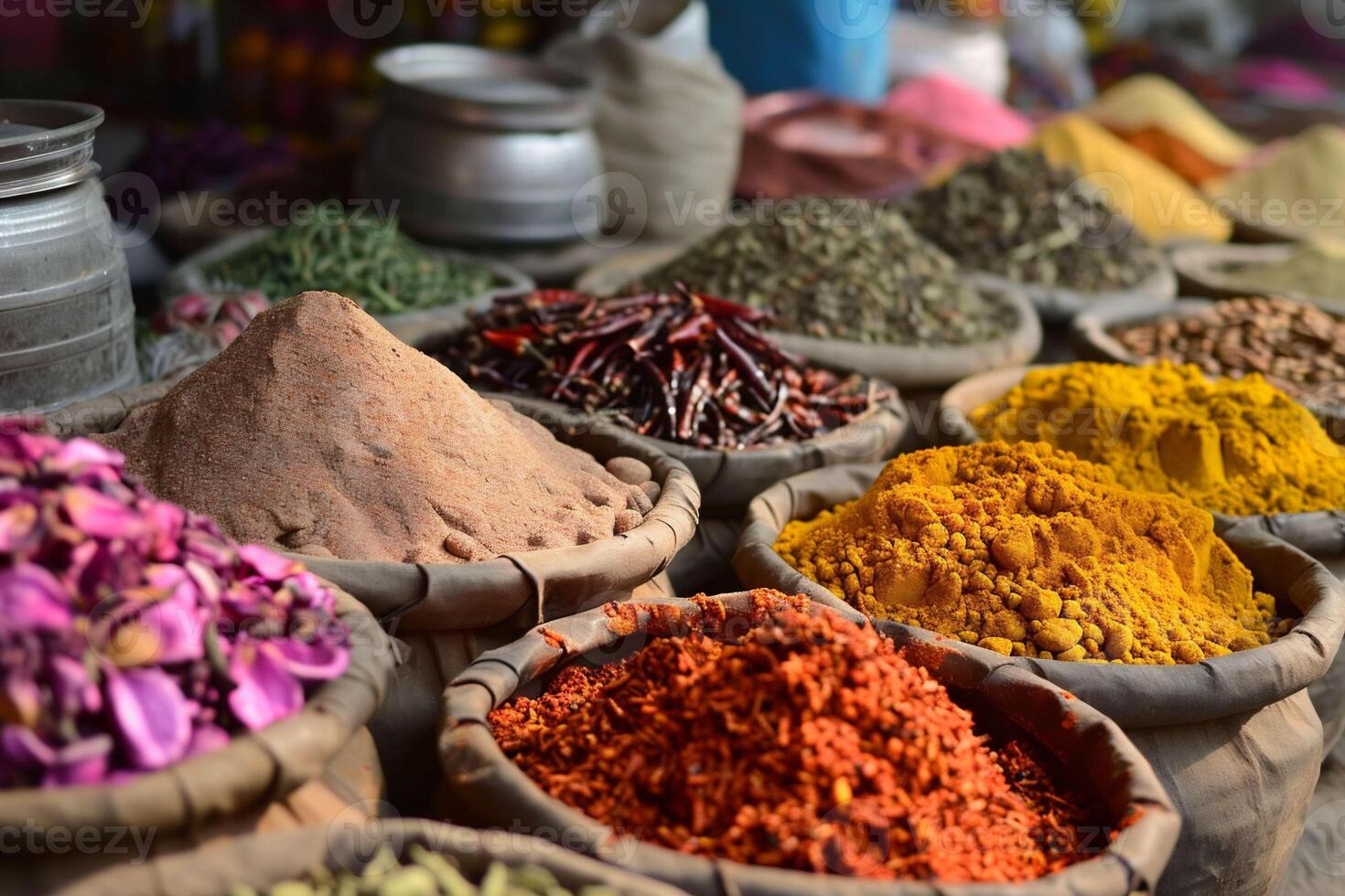 AI generated Authentic Bags with colourful spice, tea and herbs in market in India. Asian or mexican food banners, advertisement. Copy space photo