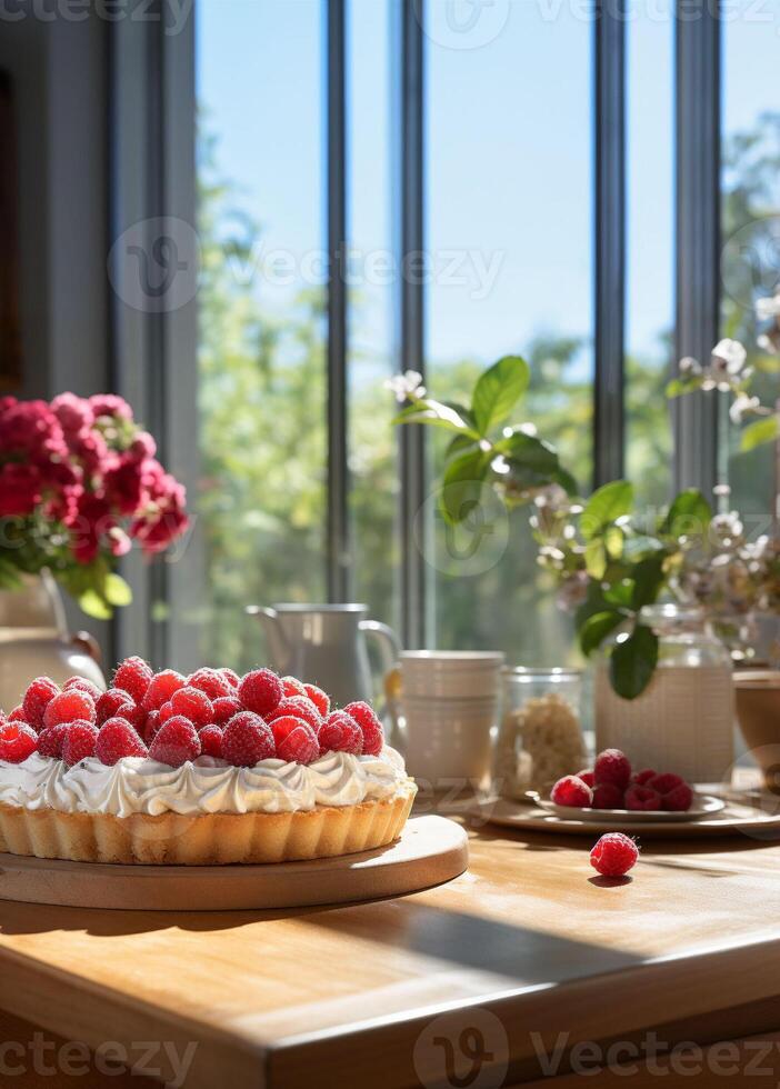 AI generated Delicious raspberry tart with cream in a beautiful cozy kitchen on a sunny day photo