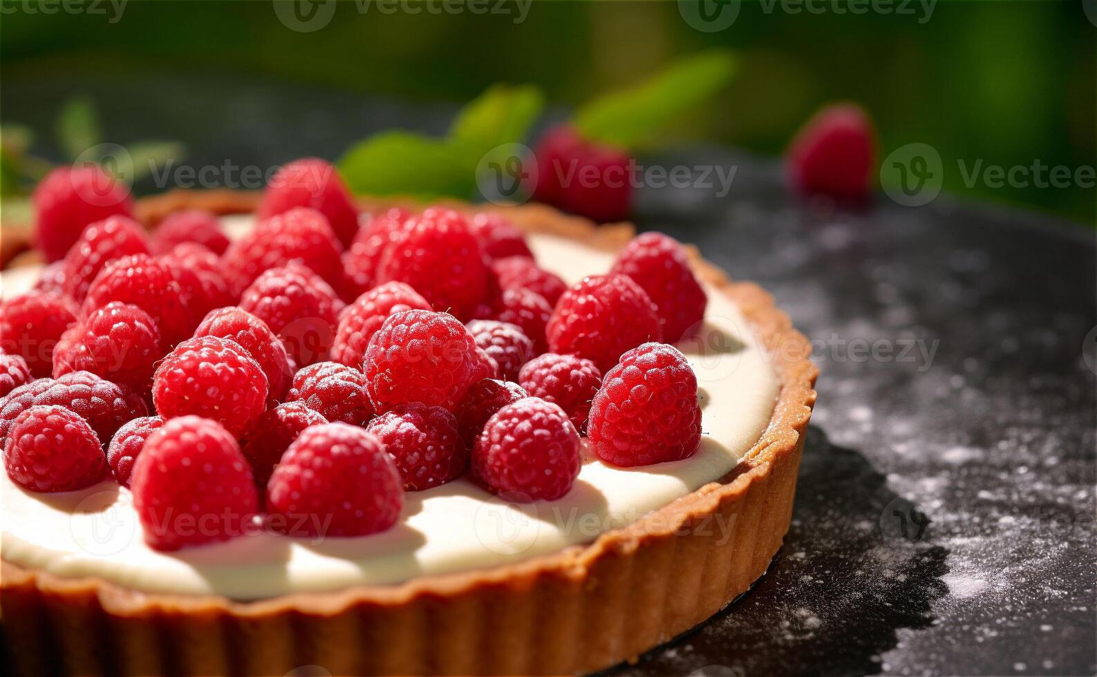 AI generated Delicious red raspberry tart with cream on a black surface with powdered sugar and greens on the background. Copy space. photo