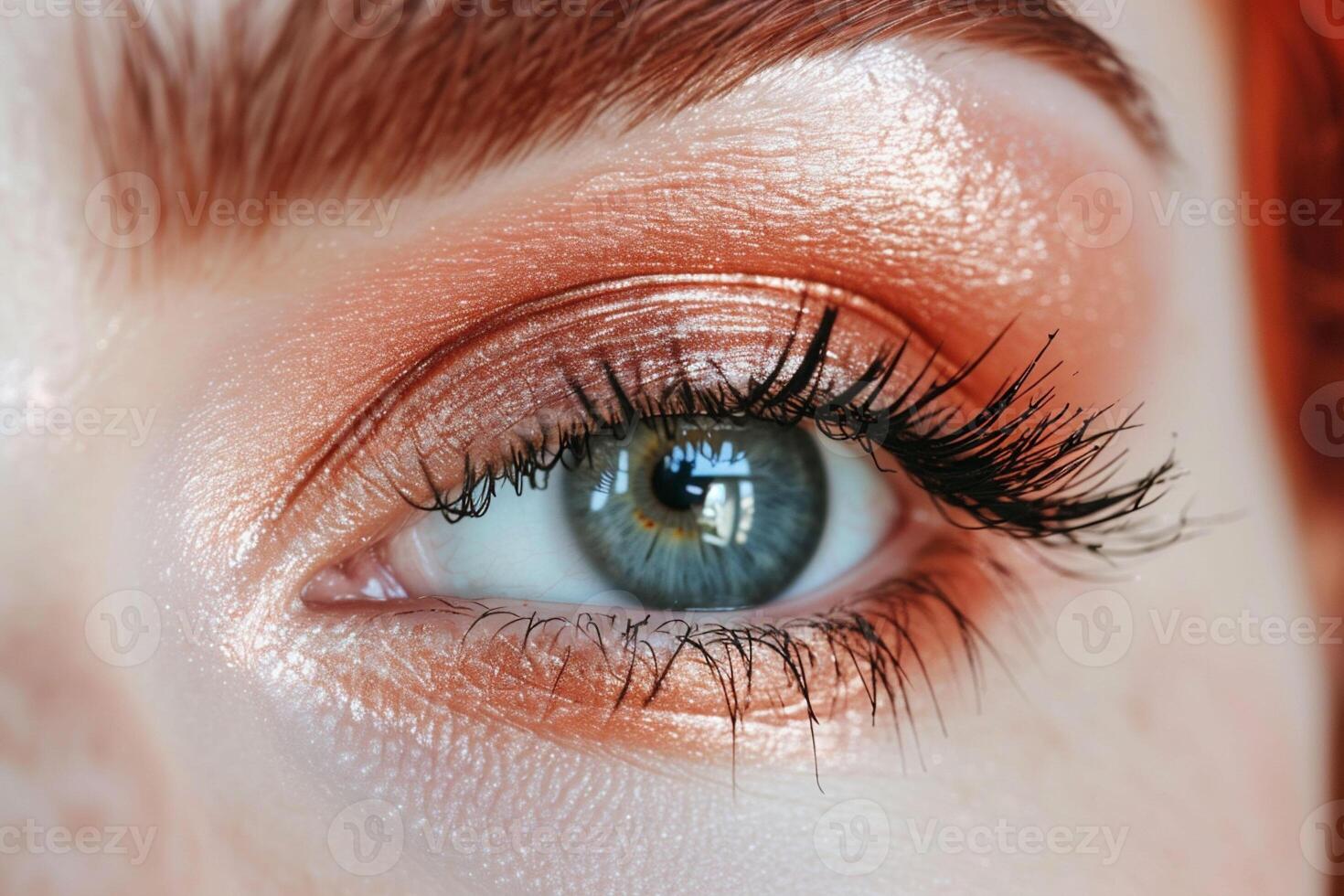 ai generado un ojo con atrevido, reluciente rojo maquillaje en contra un azul fondo, saliente un confidente y sorprendentes mirar. ideal para dramático belleza campañas foto