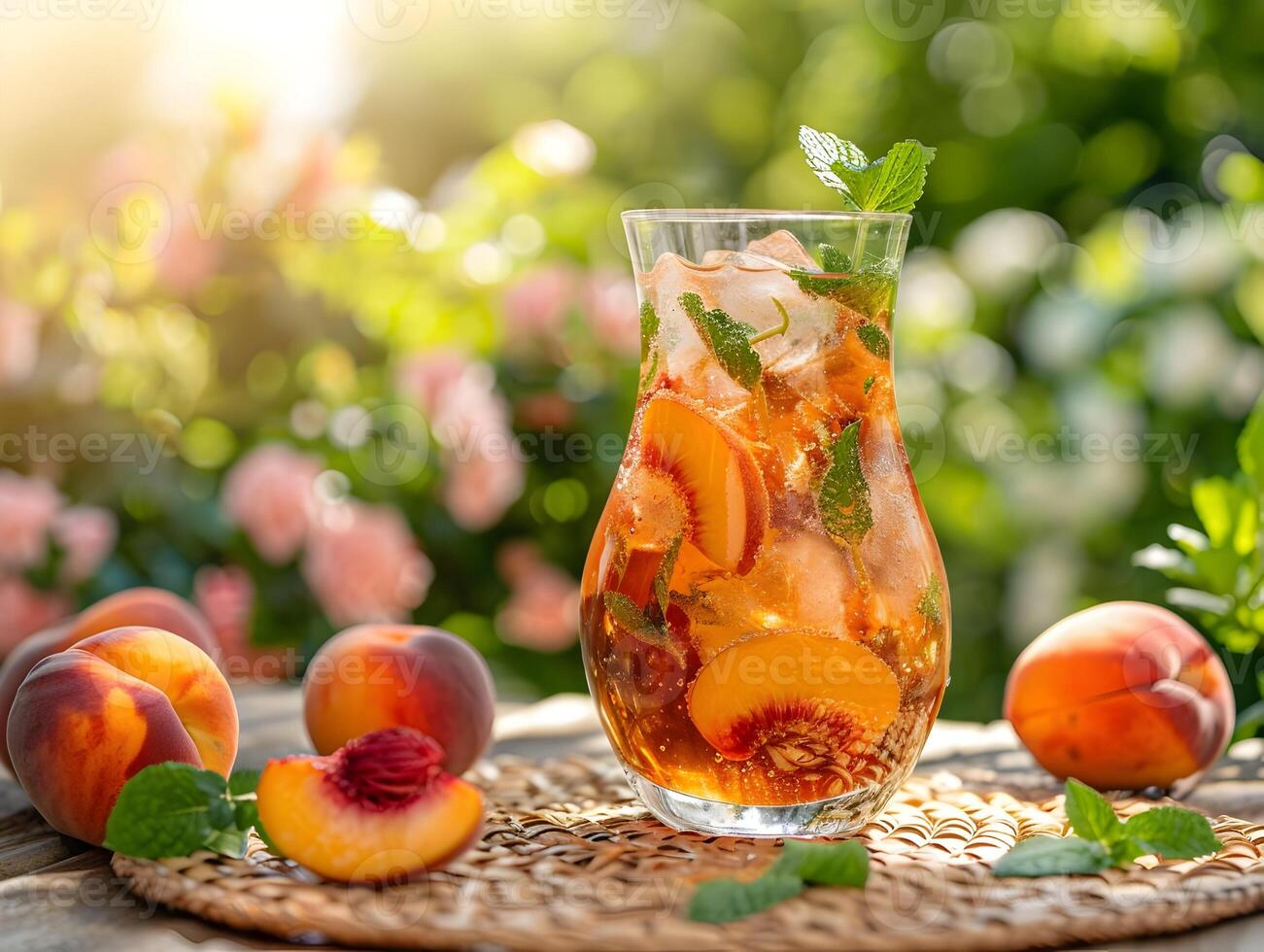 AI generated Freshly brewed iced peach mint lemonade in the summer background. High-resolution. AI Generative photo