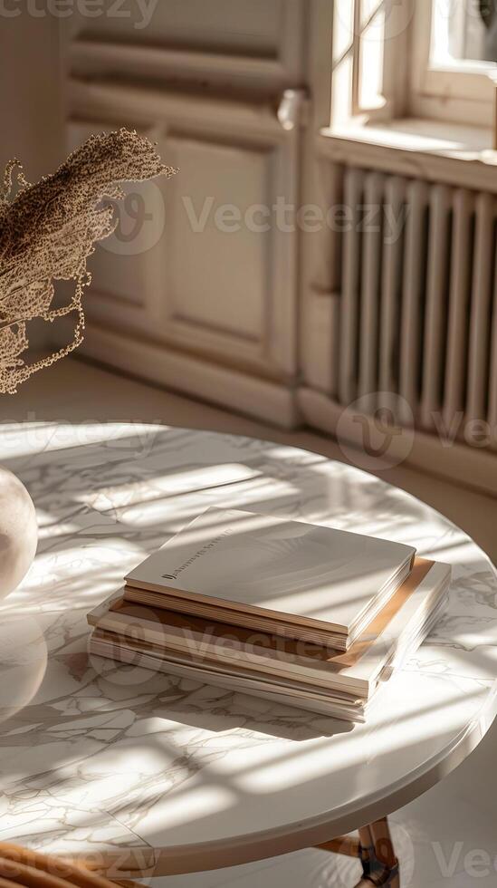 AI generated Top view of white marble bedside table with books. High quality. AI Generative photo