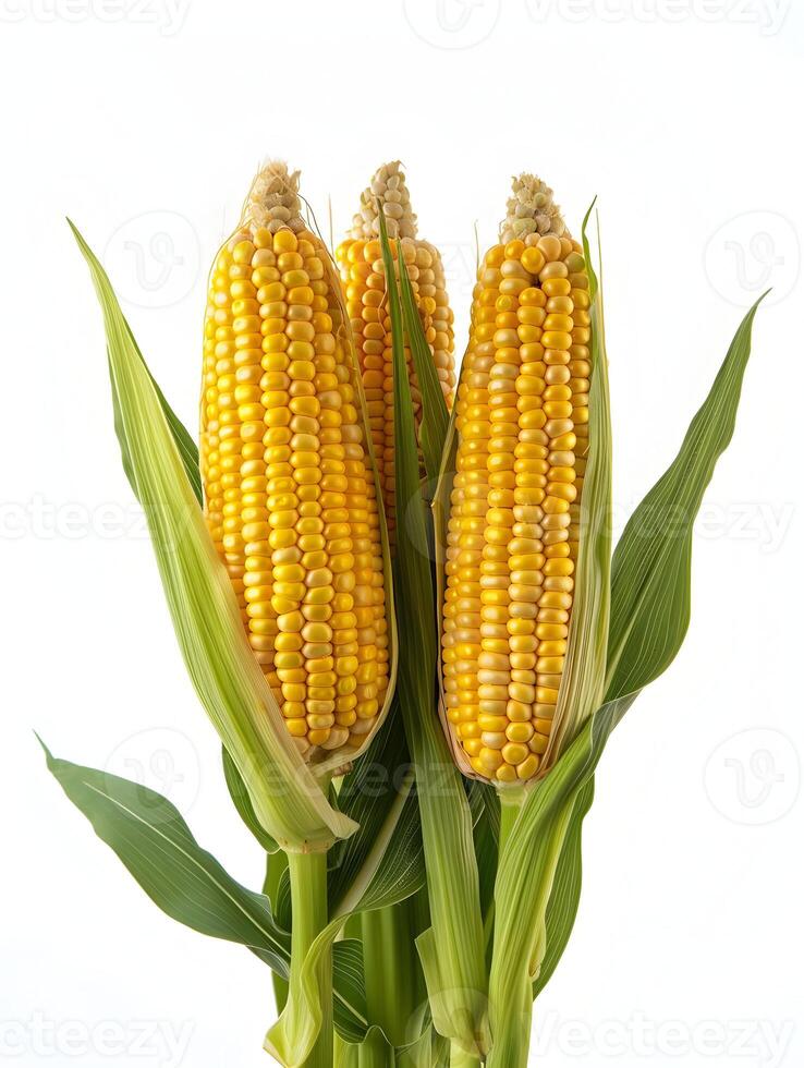 AI generated Corns on the cobs isolated on white background. High quality. AI Generative photo