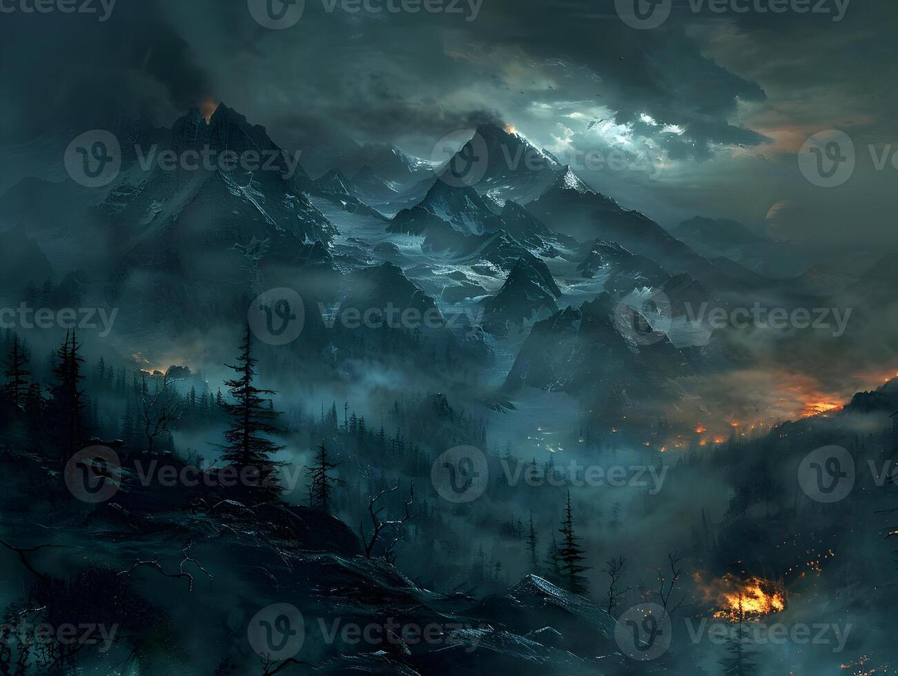 AI generated Dark night mountain landscape wallpaper. High quality. AI Generative photo