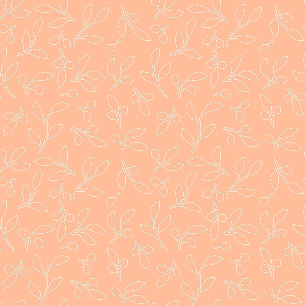 Delicate floral vine leaves seamless pattern with hand drawn plants elements for textile or wallpaper, scrapbook paper. Peach fuzz color 2024 vector background