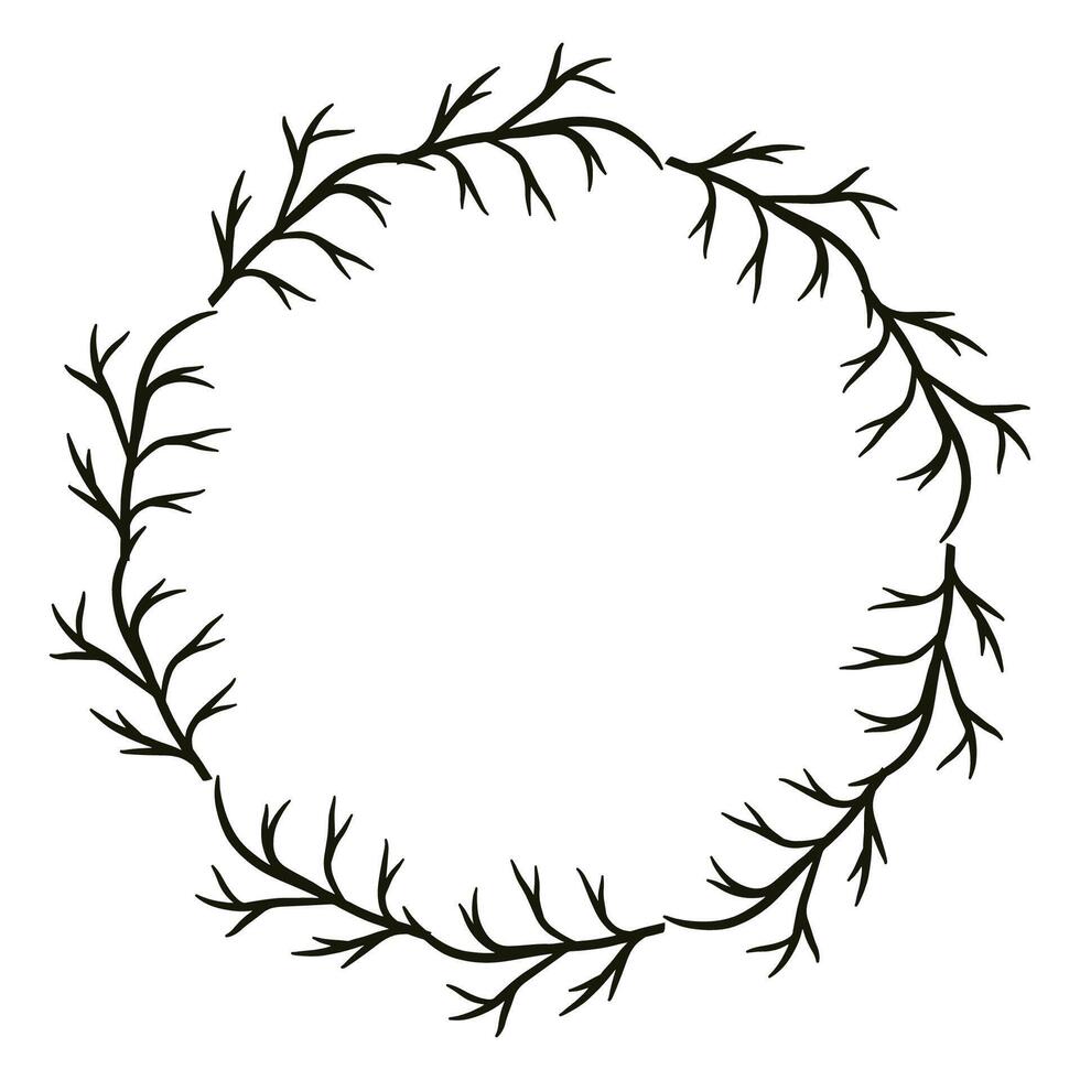 Simple branch w wreath, vector black ink illustration. Circle wreath for tag, card or invite