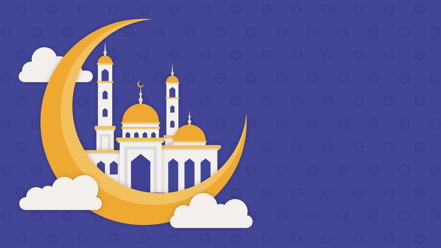 blanco mezquita y creciente Luna con oro acentos en el nubes azul antecedentes vector ilustración. Perfecto para carteles y pancartas