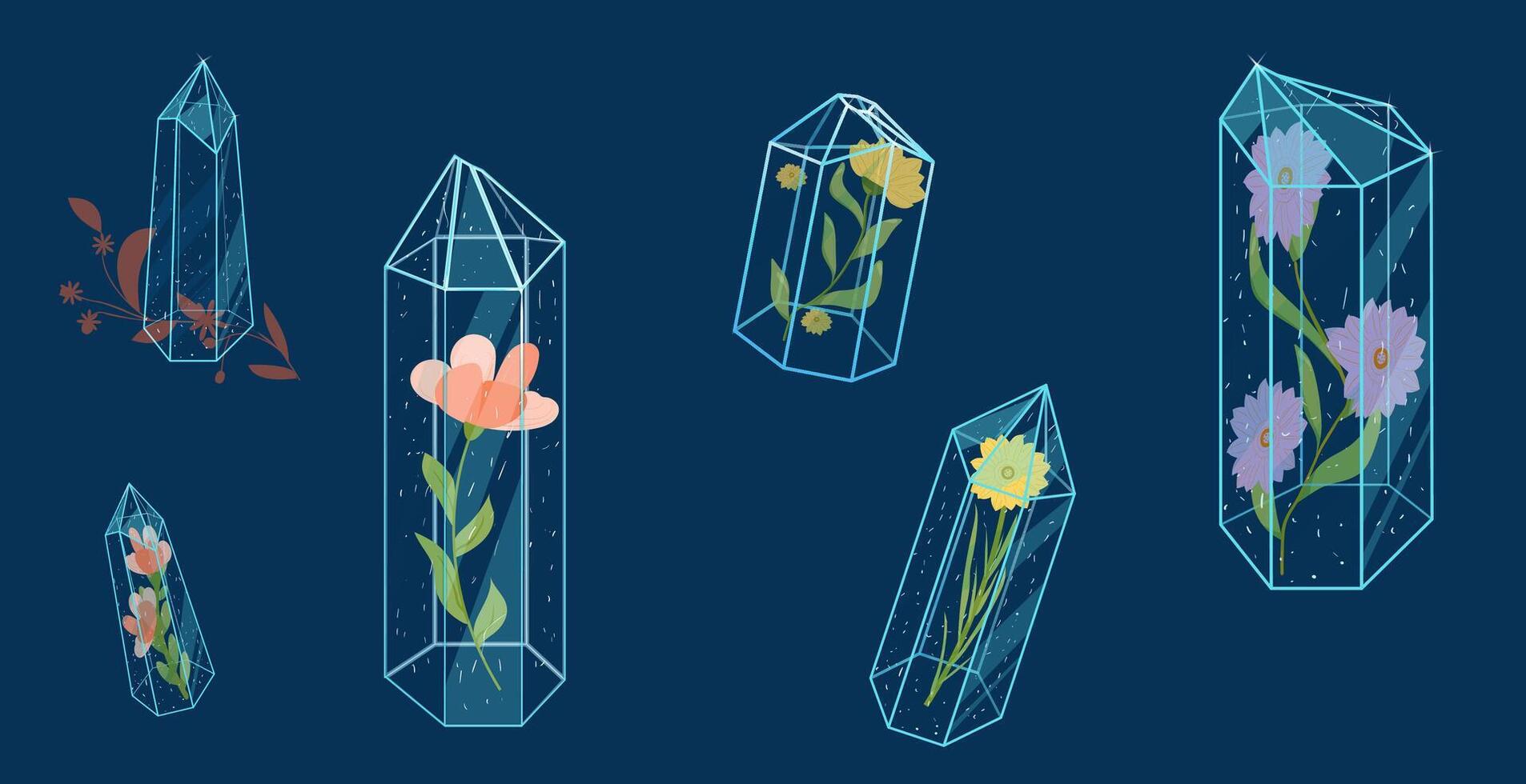 a set of crystal vases with flowers vector