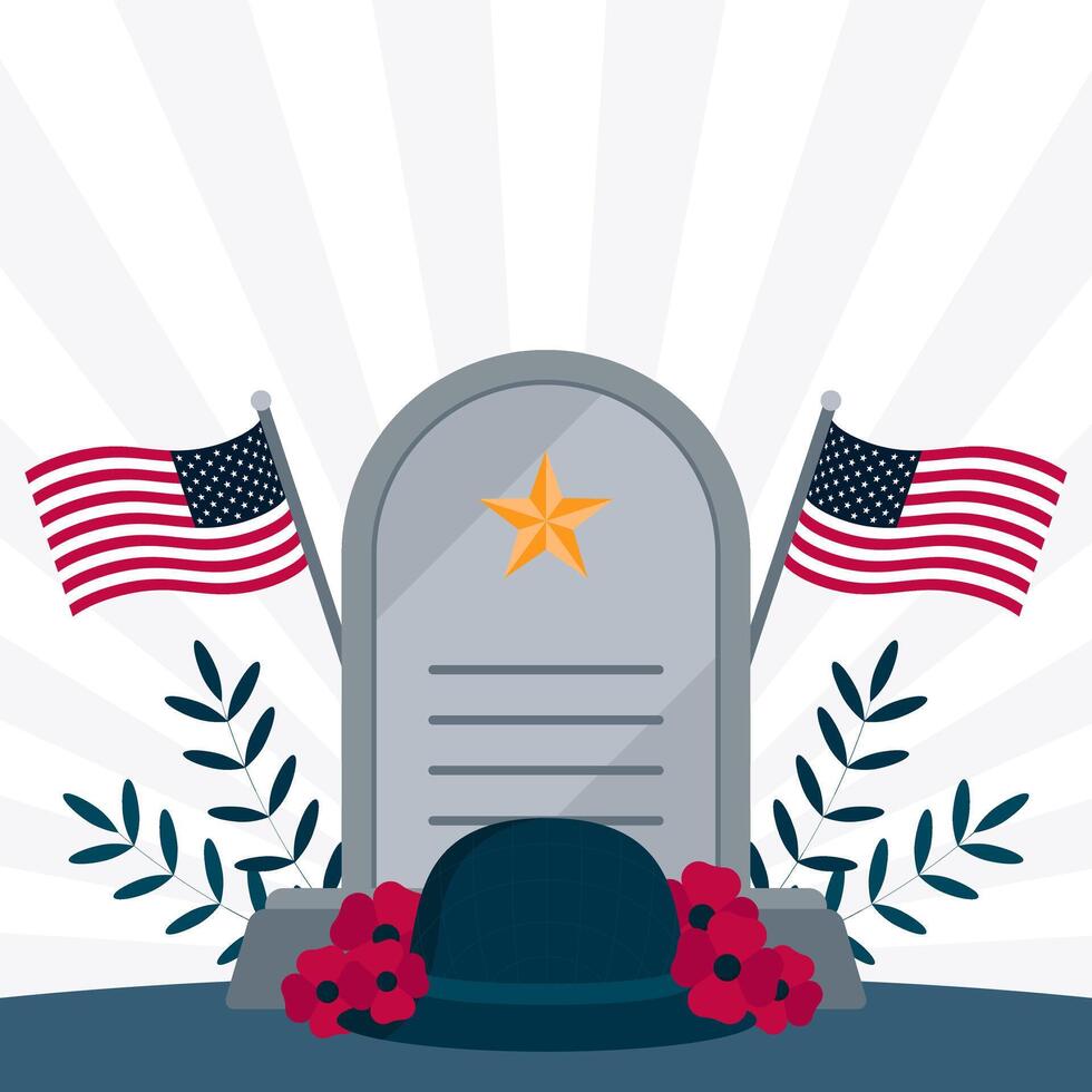 Memorial Day Tribute. Hero's Tomb with USA Flag, Flowers, and Helmet.Vector Illustration with copy space area vector