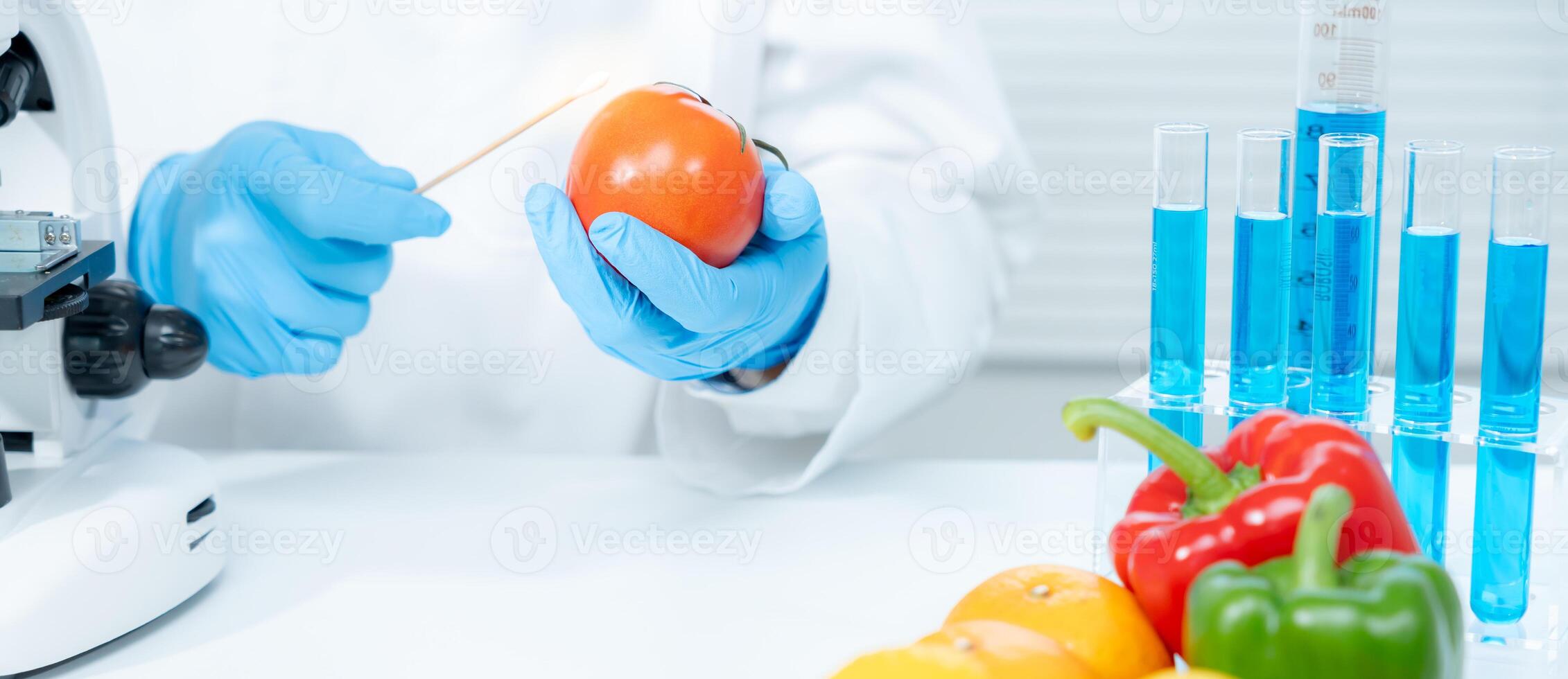 Scientist check chemical food residues in laboratory. Control experts inspect quality of fruits, vegetables. lab, hazards, ROHs, find prohibited substances, contaminate, Microscope, Microbiologist photo