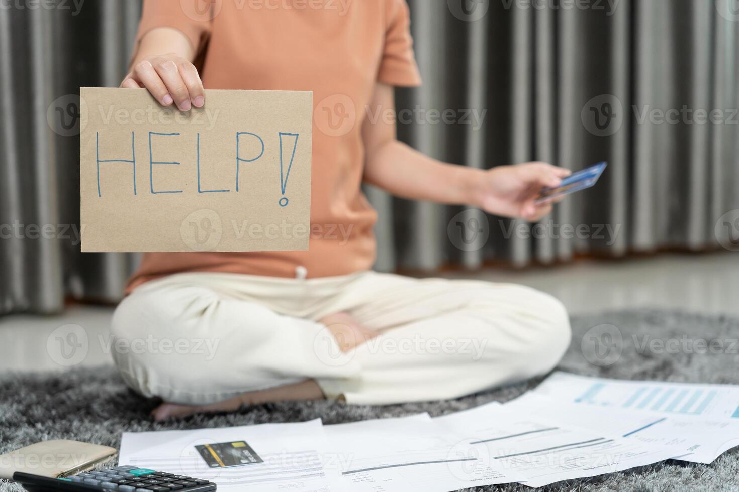 Stressed and headache woman with large bills or invoices no money to pay to expenses and credit card debt. shortage, Financial problem, bankruptcy, mortgage, loan, bankrupt, poor, empty wallet photo