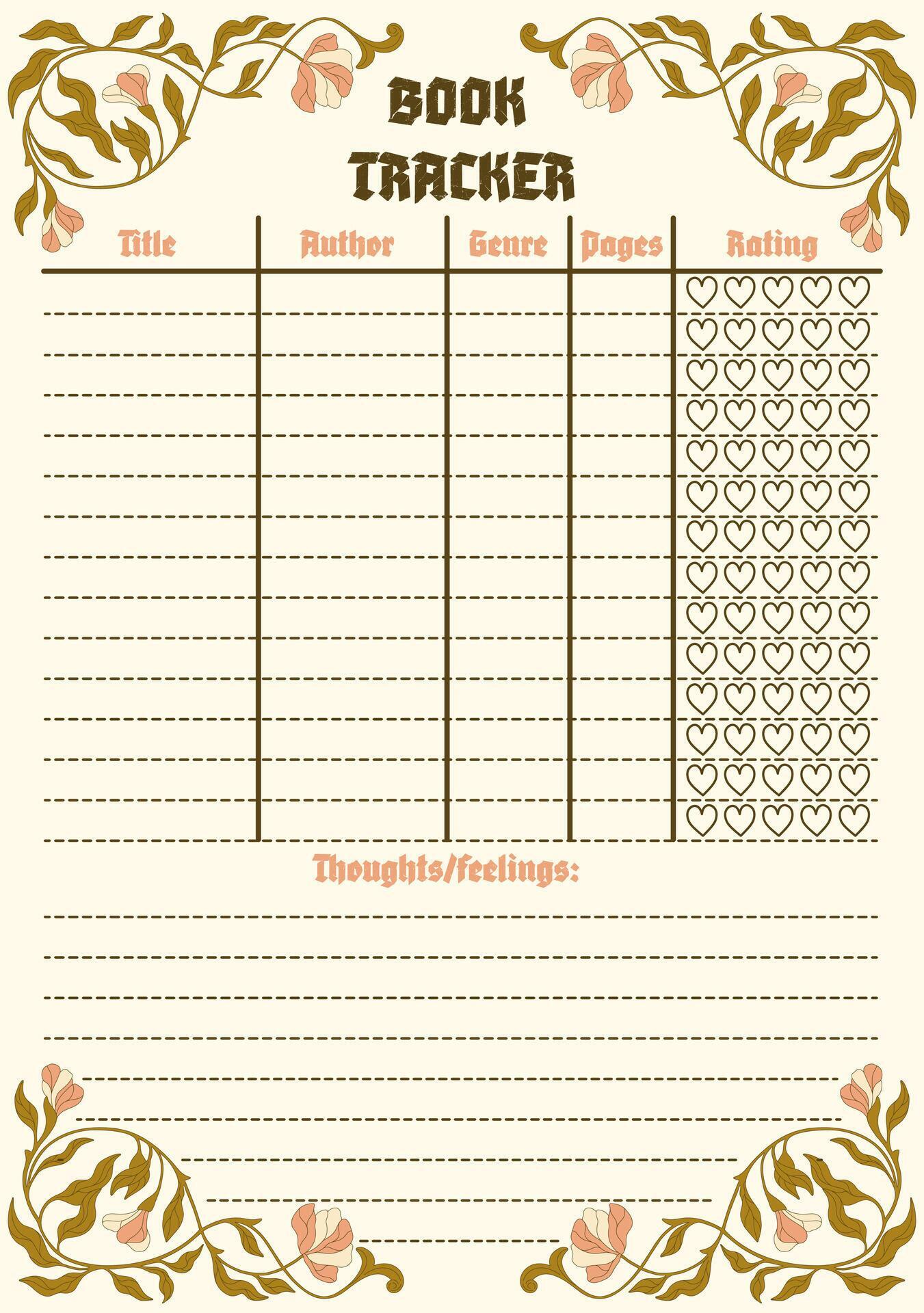Book tracker template for fiction readers Reading plan Vector Book tracker template for fiction readers Reading plan Vector