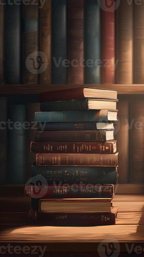 AI generated Bookish arrangement Books stacked on a table, providing copy space Vertical Mobile Wallpaper photo