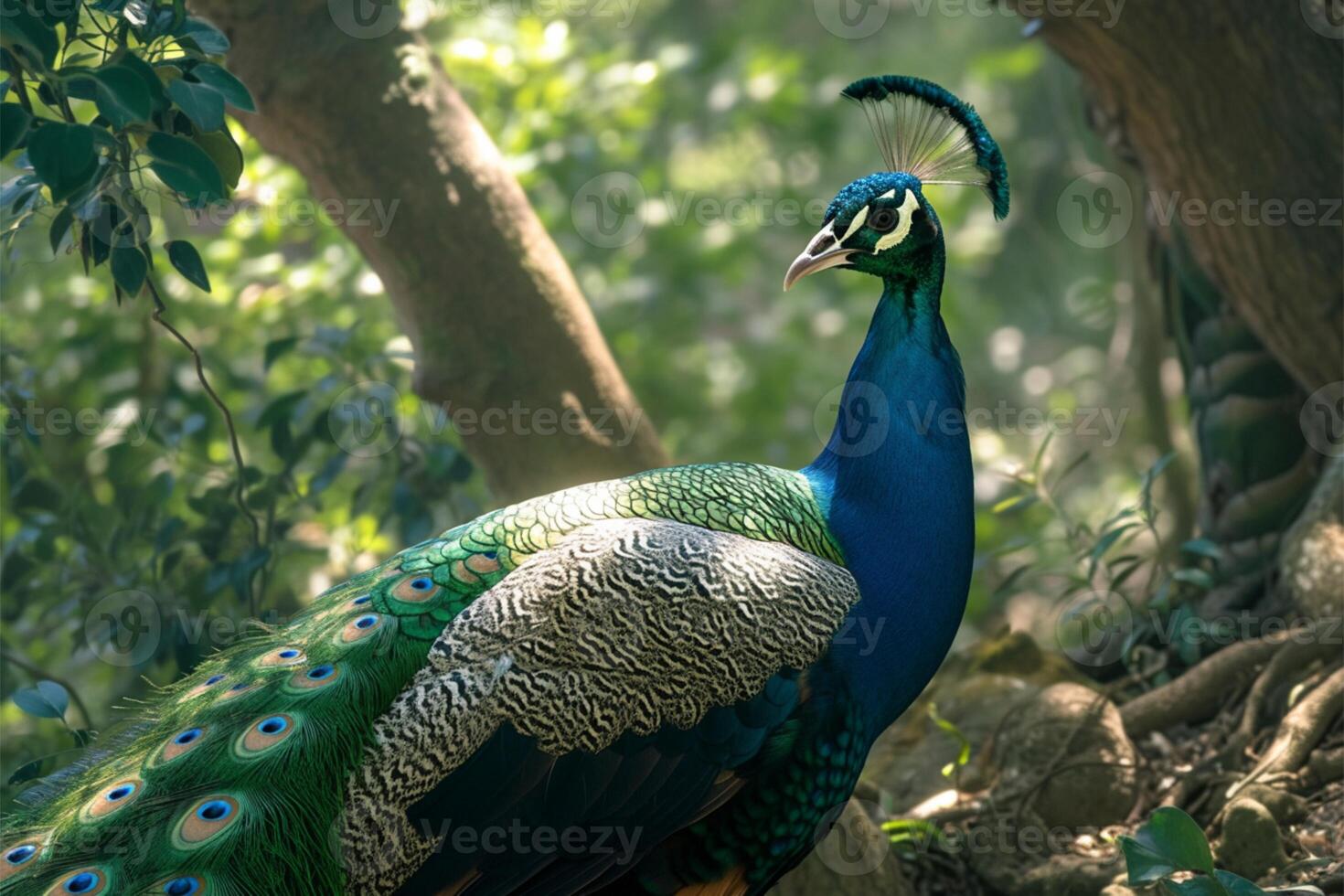 AI generated Side view of a peacock standing gracefully in the wild photo