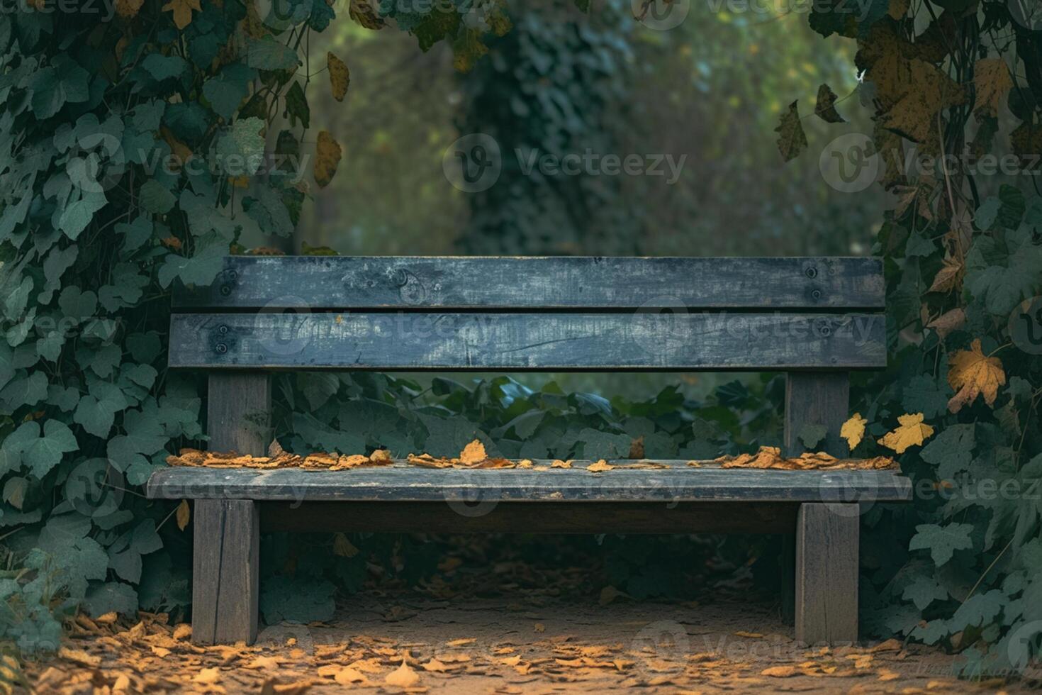 AI generated Timeless appeal Weathered wooden bench in a peaceful setting photo