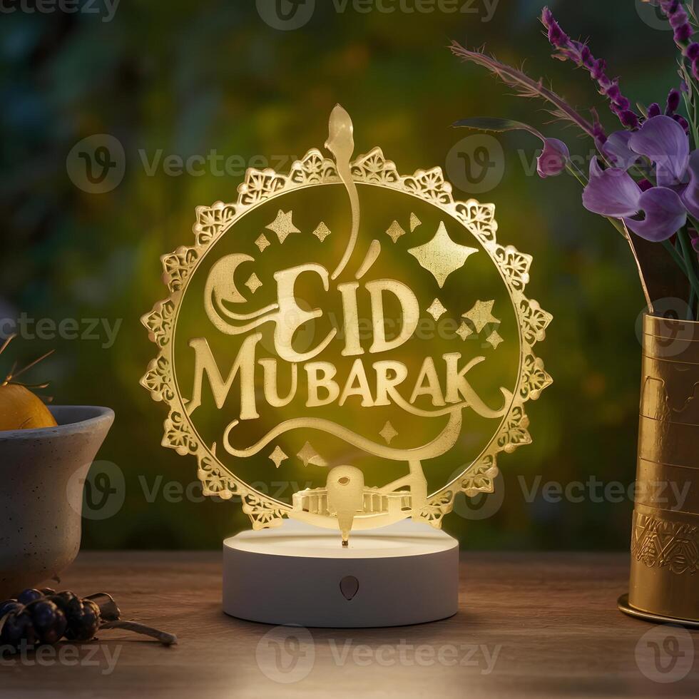 AI generated Eid Mubarak lamp intricately designed, exuding festive charm For Social Media Post Size photo