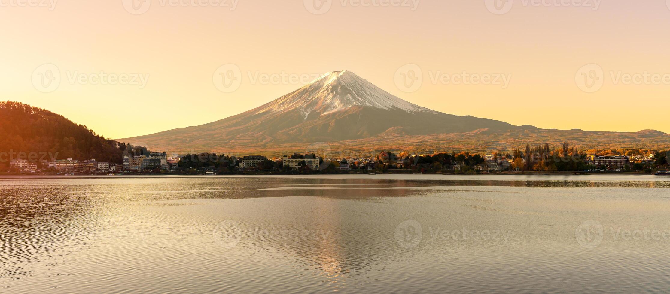 Mount Fuji at Lake Kawaguchi in the morning sunrise. Mt Fujisan in Fujikawaguchiko, Yamanashi, Japan. Landmark for tourists attraction. Japan Travel, Destination, Vacation and Mount Fuji Day concept photo