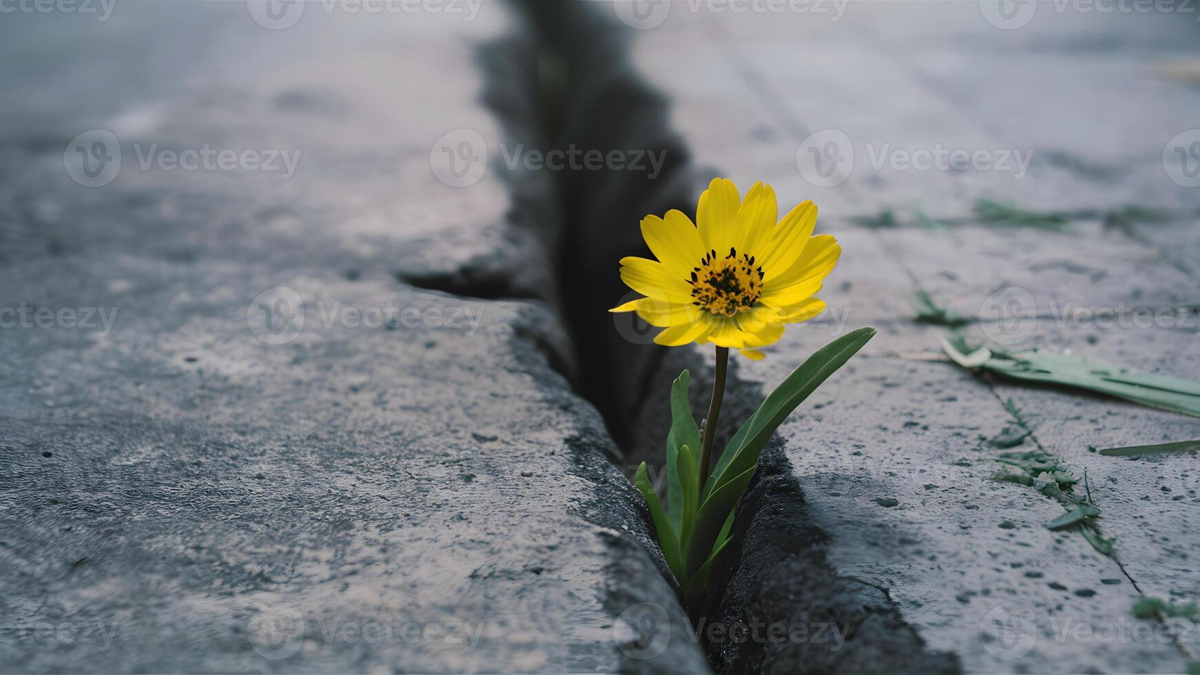 ai generado amarillo flor creciente en grieta en calle, simbolizando esperanza foto