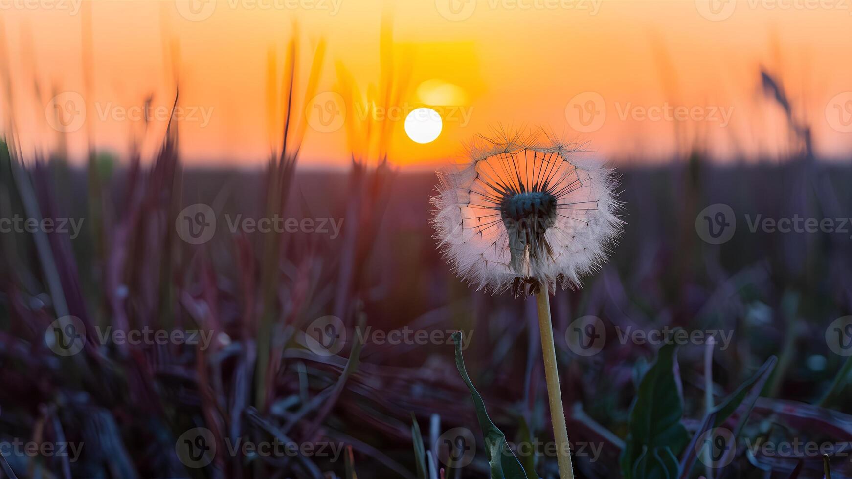 AI generated Dry field at sunset provides backdrop for lonely dandelion photo