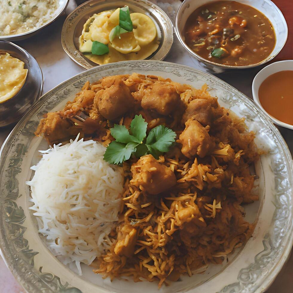 AI generated a plate of food with rice, chicken, and vegetables photo
