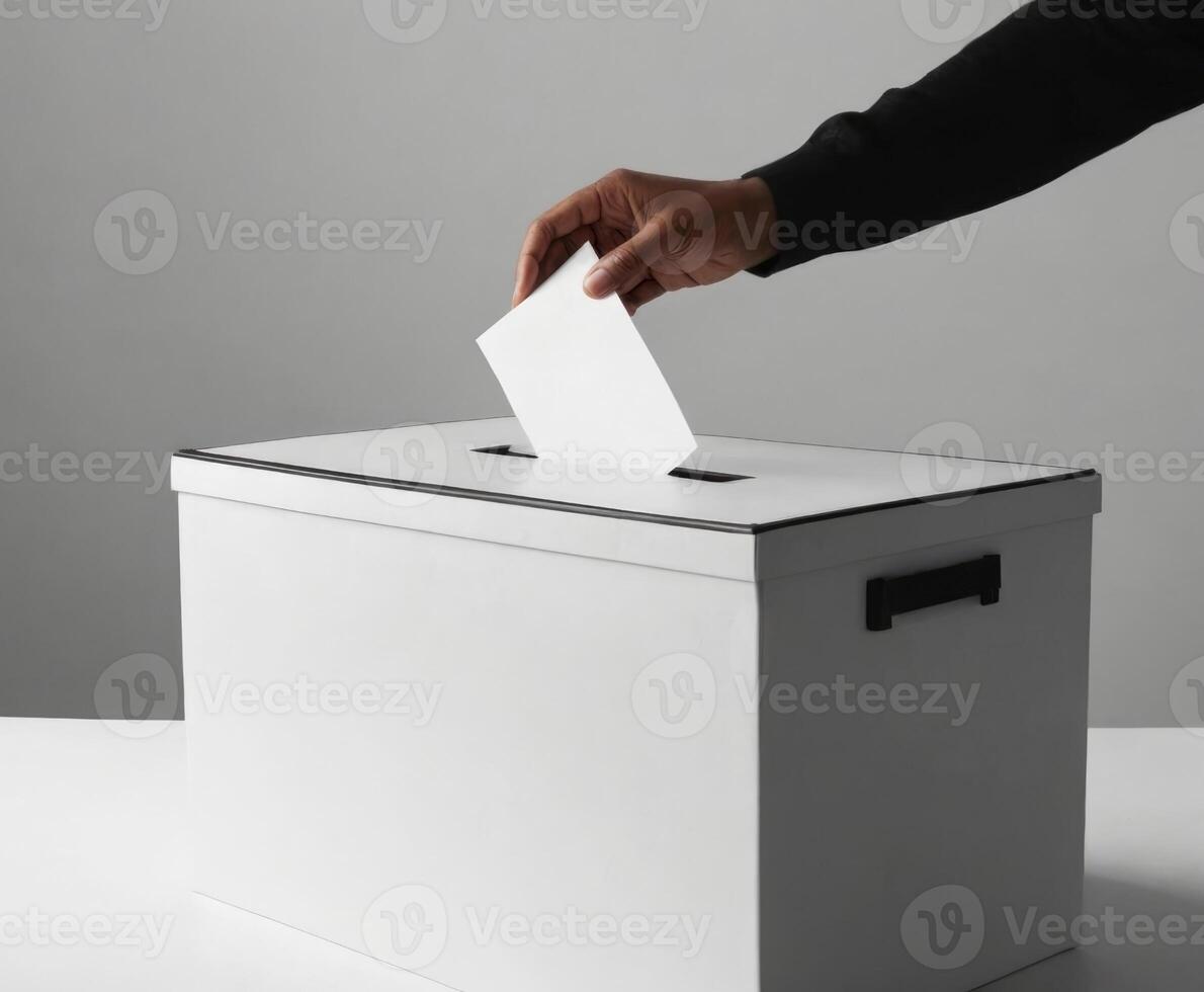 AI generated A hand in a suit drops a ballot into a white ballot box photo