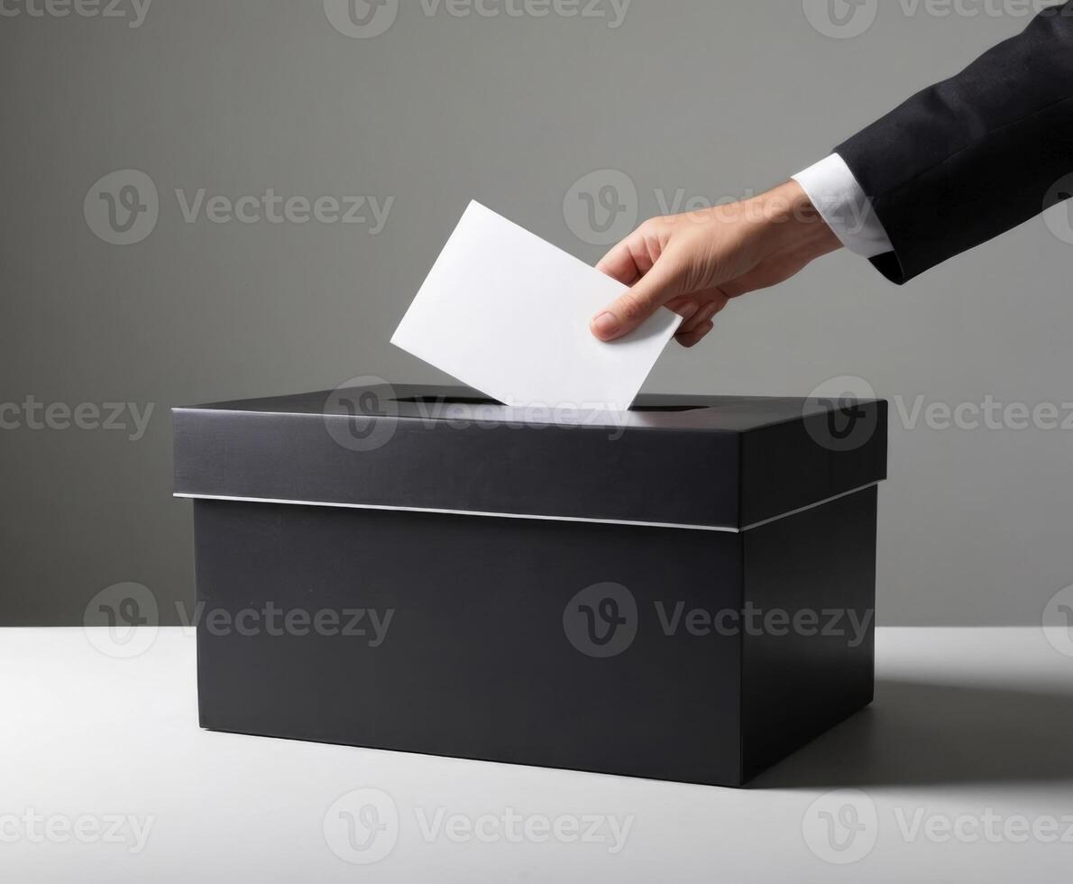 AI generated A hand in a suit drops a ballot into a ballot box photo