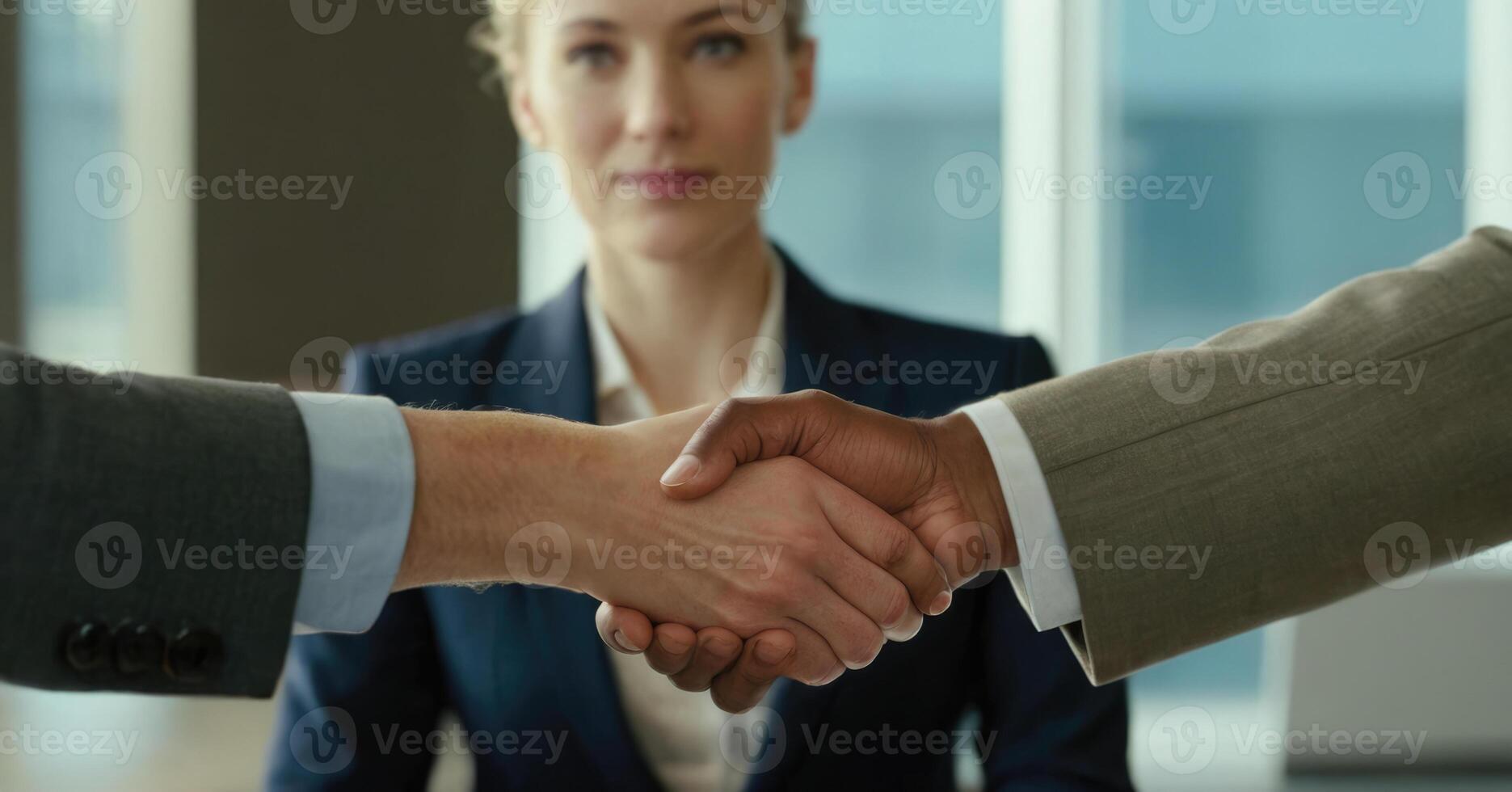 AI generated Men in suits shaking hands with a woman in the background. photo