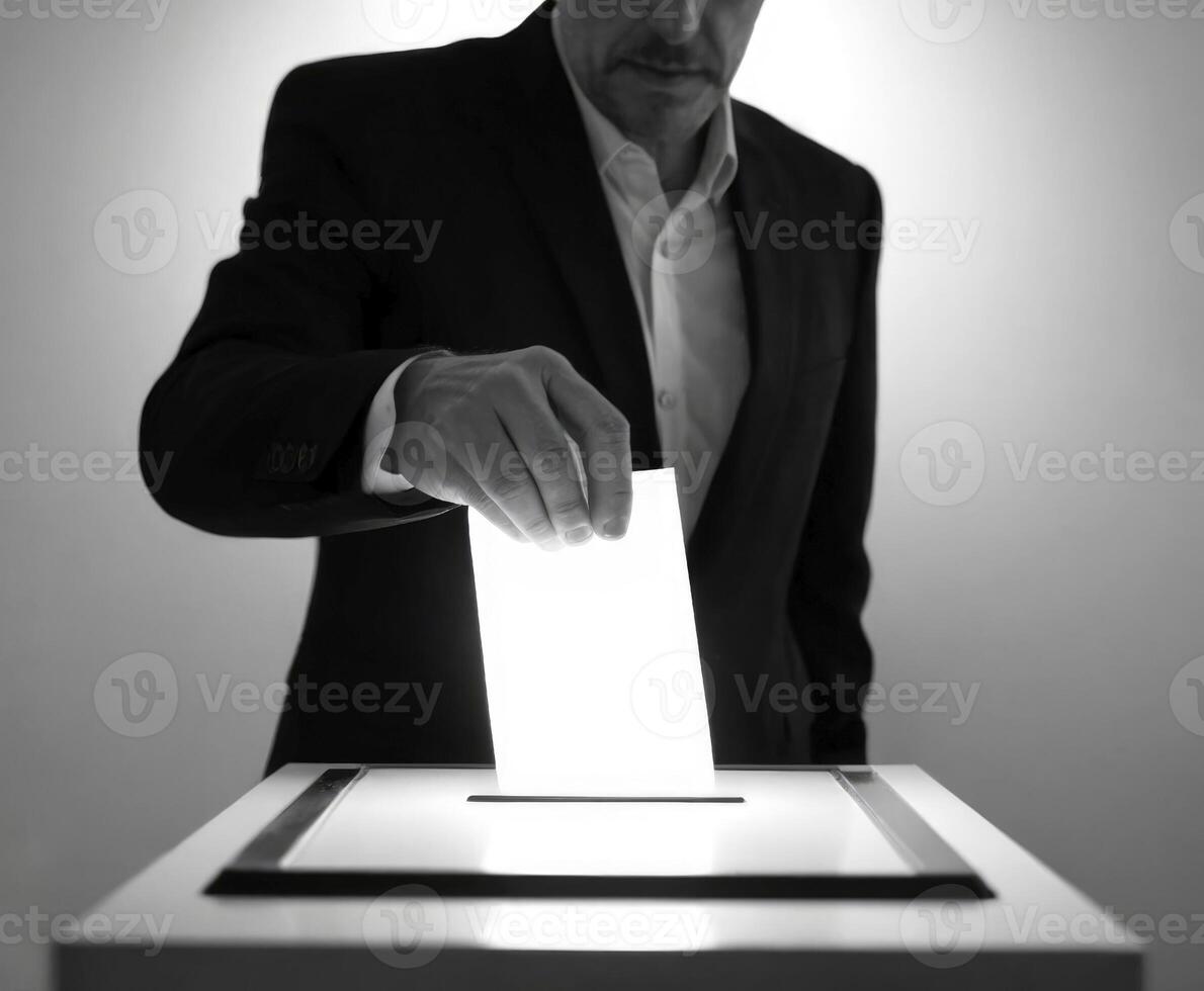 AI generated A man drops a glowing blanc into the ballot box photo