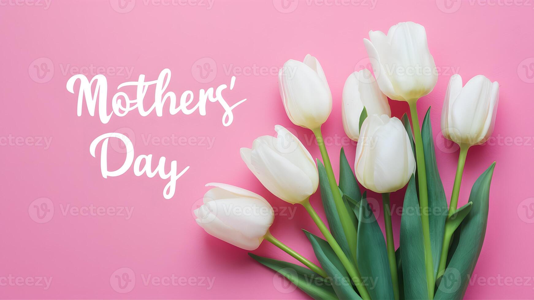 AI generated Card for Mothers Day with white tulips on pink background photo