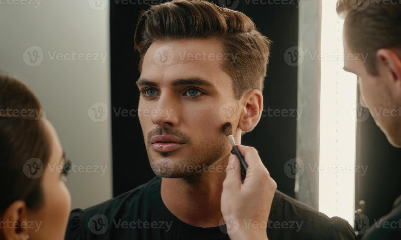 AI generated Processes of male model's makeup with in beauty salon, up close photo