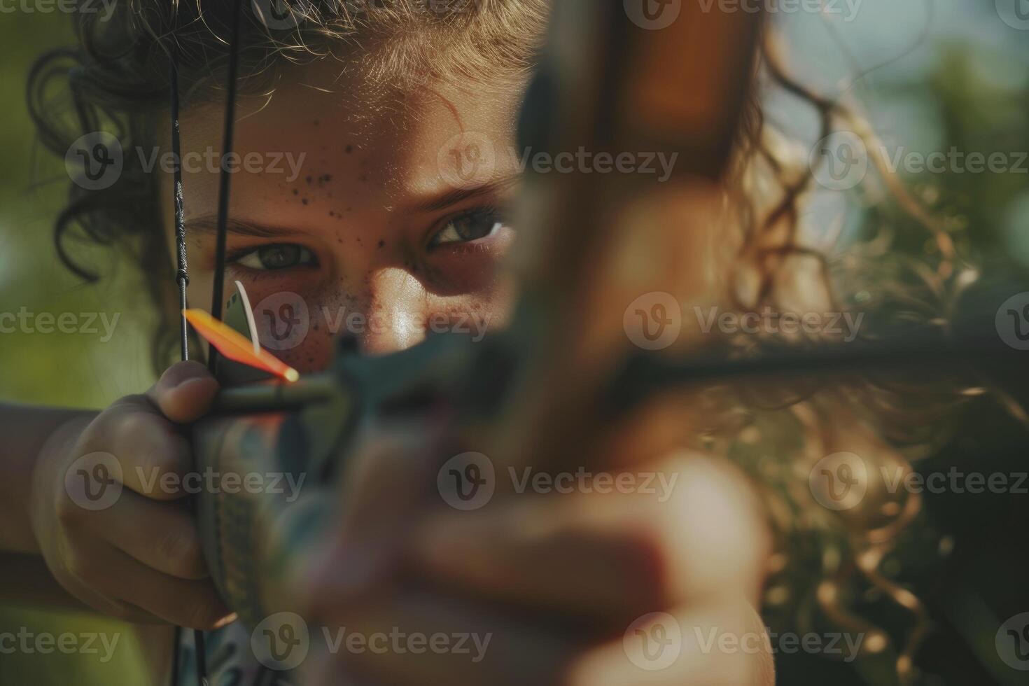 AI generated close up child shooting a bow at summer camp. generative ai photo