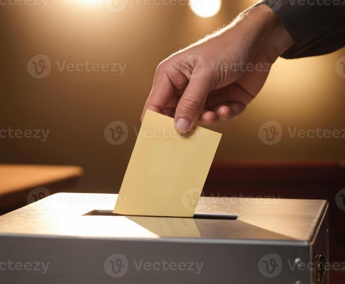 AI generated A woman votes by dropping a form in the ballot box. photo