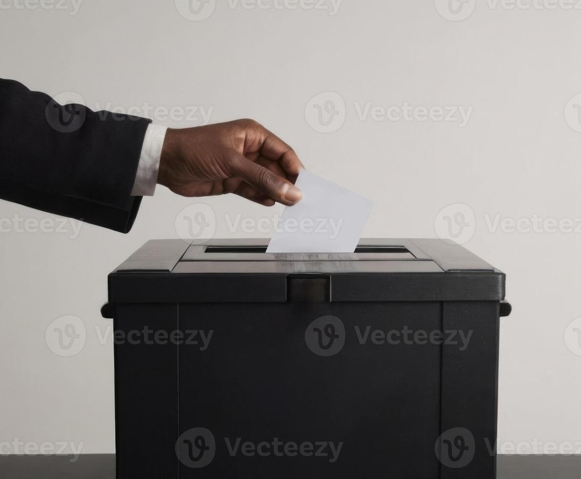 ai generado un del hombre mano gotas un formar dentro un negro votación caja foto